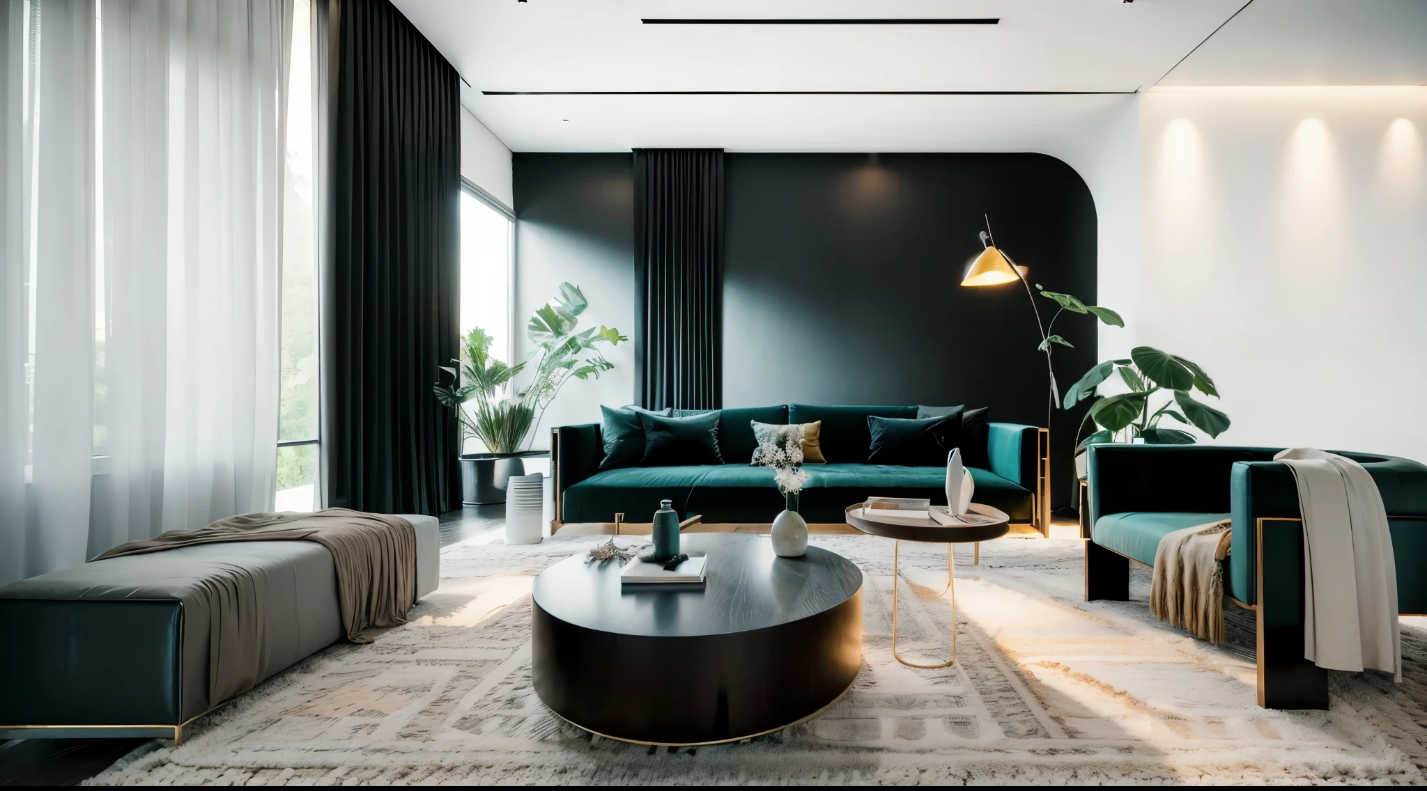 Modern mid-century living room with dim lighting，dark, rainy night outside, (night It's raining e nebulosa: 1.2), Pacific Northwest, (strong lighting: 1.4), (dim lights: 1.2), vegetation, Great Usinas, It's raining, monster, Lots of vegetation, ( Blurred windows:1.2), masterpiece, better quality, Twilight Hour, (night:1.4), tarde It's raining, after sunset,black house modern design, Jardine Vide Oreda da Casa, black front, modern architecture, Indoor Videro, sunshine, coastal area