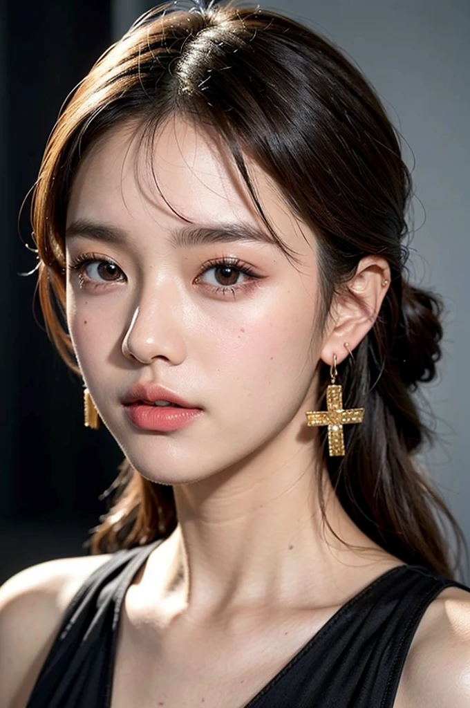 a woman wearing a black dress and gold earrings, korean symmetrical face, Popular Korean cosmetics, Popular Korean makeup, earring, earrings, blackpink jisoo picture, Yanjun Chengt, korean face features, Lalisa Manoban, Cute young Korean face, gold earring, beautiful south korean women, wan's Korean face is so cute, Jinyoung Shin, Southeast Asians with round faces