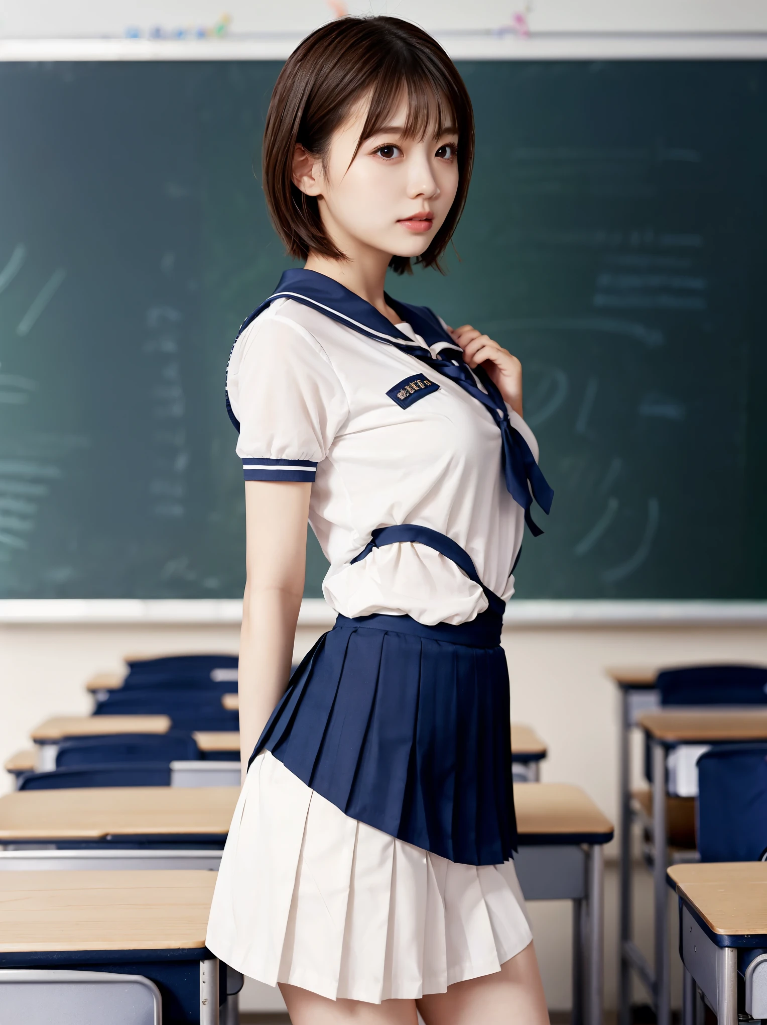 Silver short bob hair:1.8, Beautiful woman, profile、(Short Sleeve White Sailor School Unishape、navy pleated skirt:1.5), lift your butt:1.5,bare hands:1.5, very sexy, ultimate image quality, (school classroom:1.5), bright light、Cute face and beautiful butt:1.2, constricted waist、beautiful figure、 shape、beautiful skin,