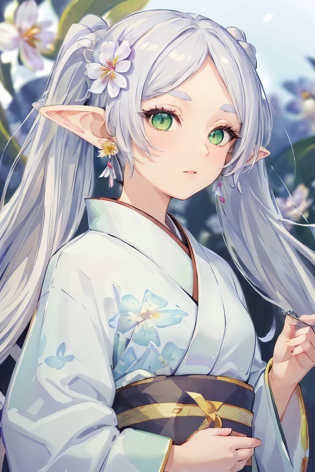 ((masterpiece)), (highest quality), High resolution, super detailed, disorganized, 2D freeze, 1 girl, earrings, goblin, long hair, pointed ears, alone, twin tails, green eyes, earrings, gray hair, looking at the viewer, (white kimono:1.3), (gorgeous flower pattern:1.3), (flower hair ornament:1.3), Temple background