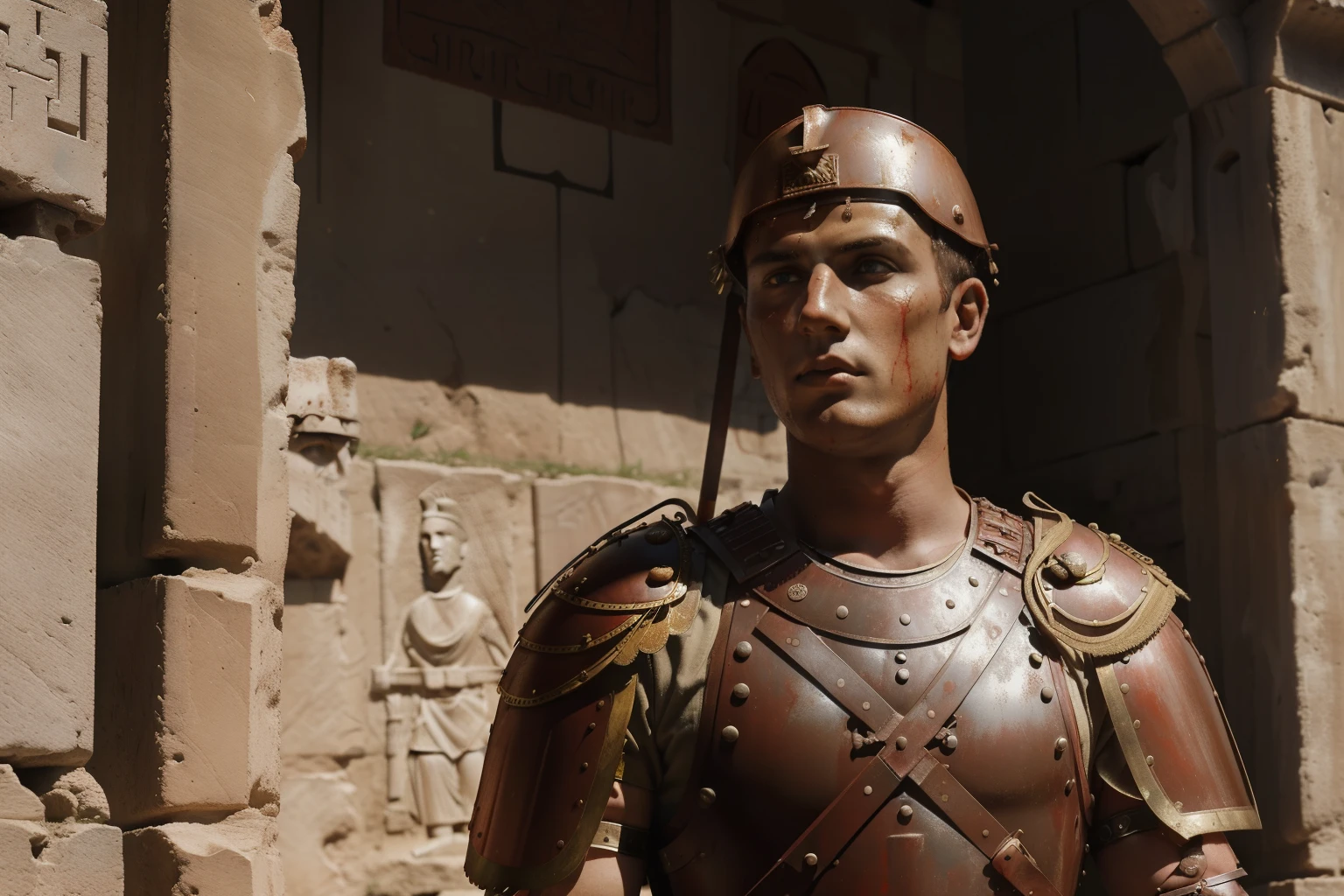 Mitilene, 77 BC. A young ((((21-year-old)) Julius Caesar)), war, battle, fighting, inside the city walls, stained with blood, blood in his face. ((((roman legionary clothings and armor from the 1st century BC))))
