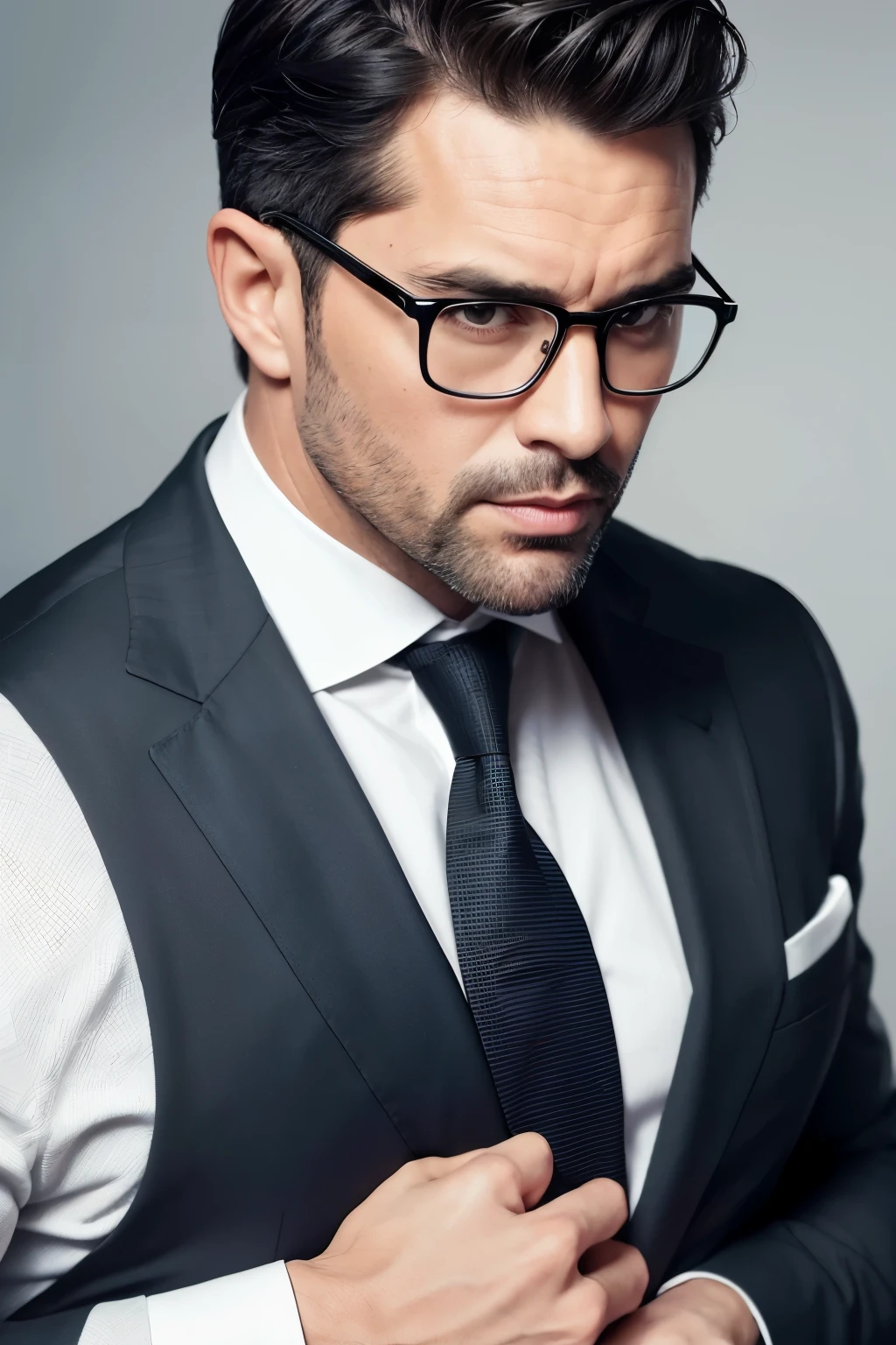 A handsome man aged 40 stands before a solid, masterpiece background. Dressed in a black suit that hugs his athletic frame, he exudes an air of distinguished gentility. With a neat perm haircut that complements his black hair, he dons a pair of glasses that add an intellectual touch to his appearance. This high-quality, realistic image showcases the man's sharp features and charisma, captured in perfect detail with an ultra-high resolution and a photorealistic finish. (realistic: 1.4)