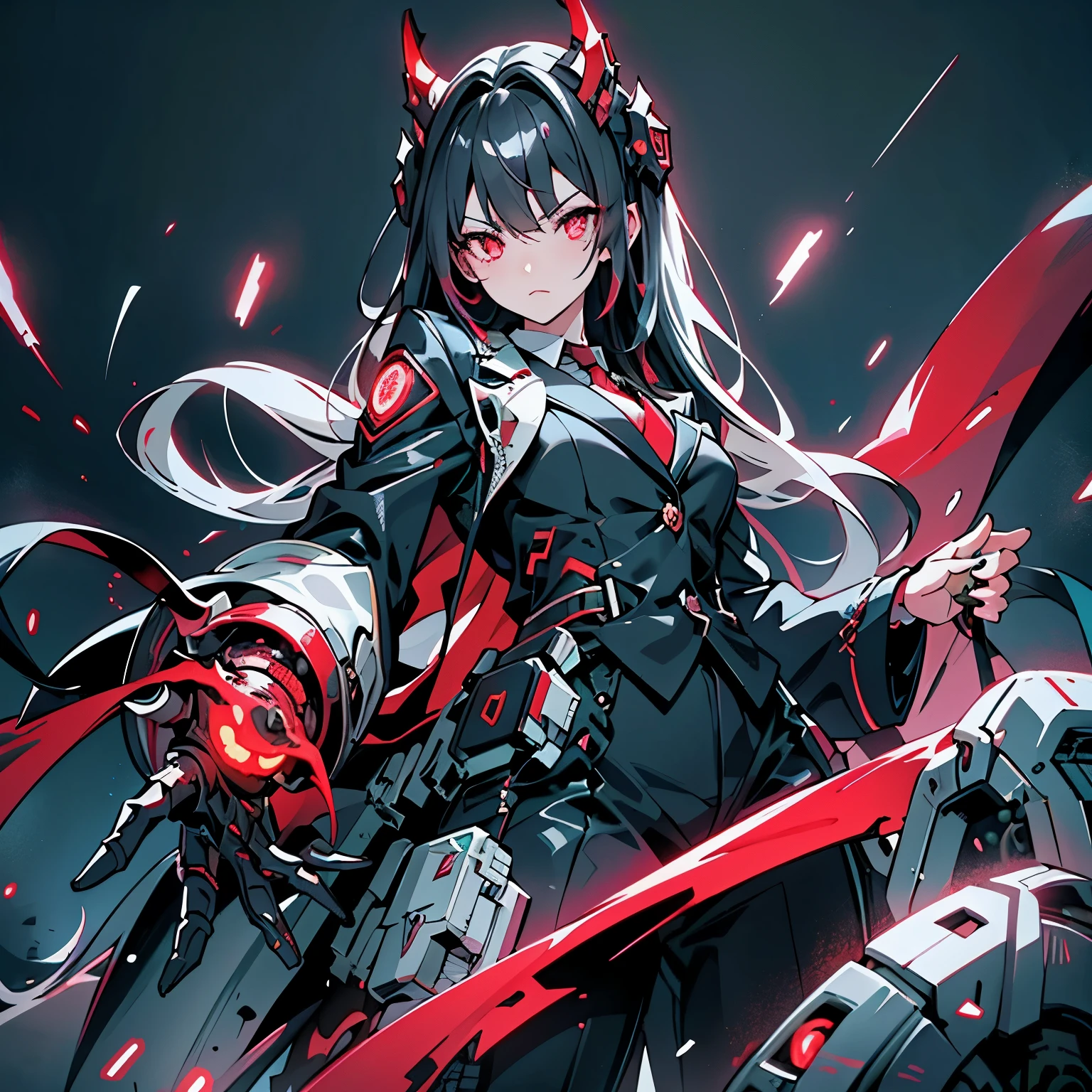 masterpiece、highest quality、high resolution、dark fantasy、brutal background、A girl with a weapon in her right arm(high 、blazer uniform、Pants Style、cyborg)、{{{giant weaponを持った右腕(Mechanical、giant weapon、Animalな、Hook claws、ferocious look)}}}、Wearing a cyberpunk mask(Mechanical mask、cover your nose、tooth、Animal)、red eyes(Luminescence 0.3、Afterglow、lightning)、battle action pose、dynamic range