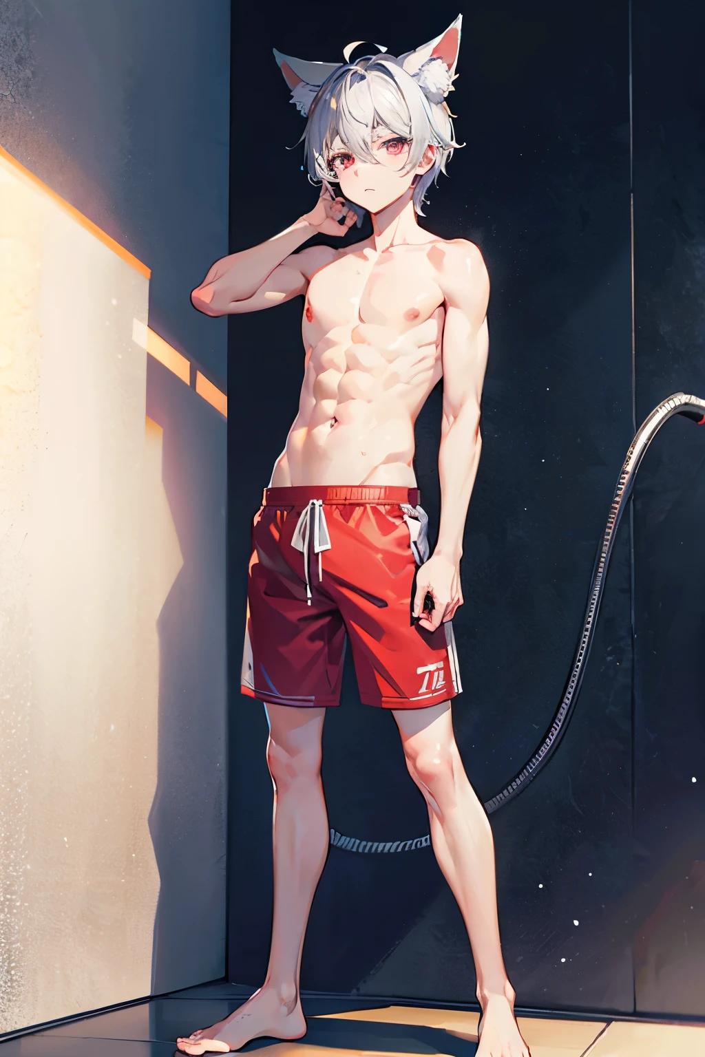 Wallpaper phone,masterpiece,best quality,8K quality,unparalleled clarity,best strokes,full body character,panoramic,telephoto lens, delicate face,Boys have very delicate fingers,sports student,Handsome boy,charming,,Shota,abdominal muscles(0.5),anime characters,white fox ears,heterochromatic eyes,look at the audience,sneering,male focus,Gray hair is messy,Take a shower in the shower,not wearing tops,Wearing only red shorts,standing posture,The crotch is raised,Place a hand on your face,Look from the bottom up,Clear background image