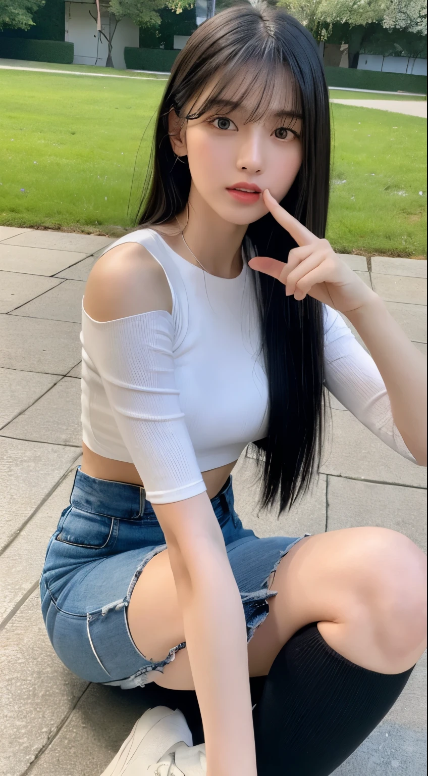 Open shirt, (((Leaning forward))), ((,Round face, Around ,mini skirt、Loose fitting tank top)),  Long Hair, , Natural Makeup, Lips become thicker, Sexy Gaze, barefoot, ((Raise one leg)),  Shooting from below,Gentle expression ,((Extremely precise and accurate anatomy)),  (masterpiece:1.43), Perfect Proportions, Realistic photos, Full Shot, whole body, (height: 165cm), 