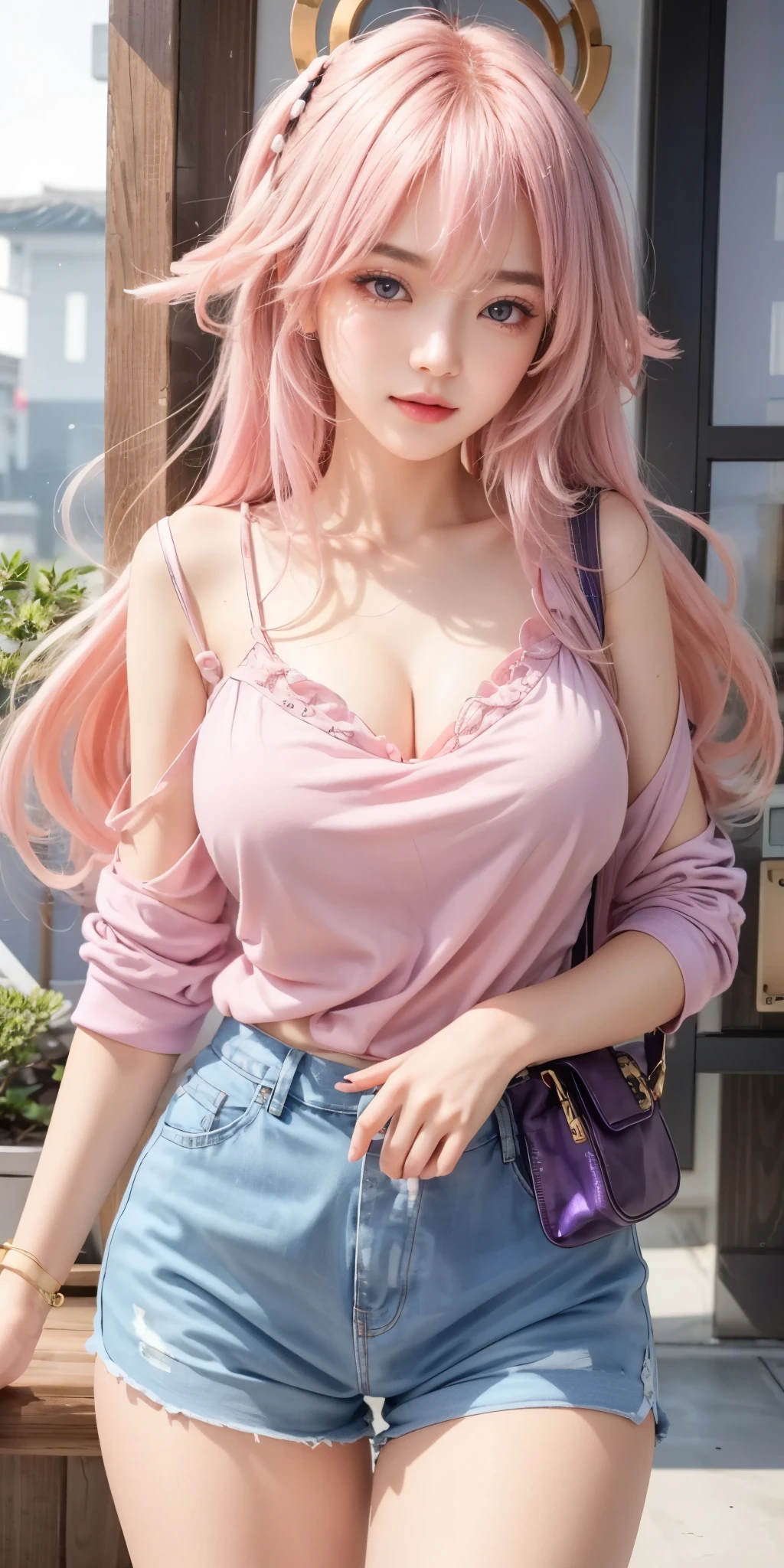 Milf, tight shirt, sexy fat, ultra detail, sexy body, cleavage, seductive expression, sexual expression, pink hair, detailed face, 