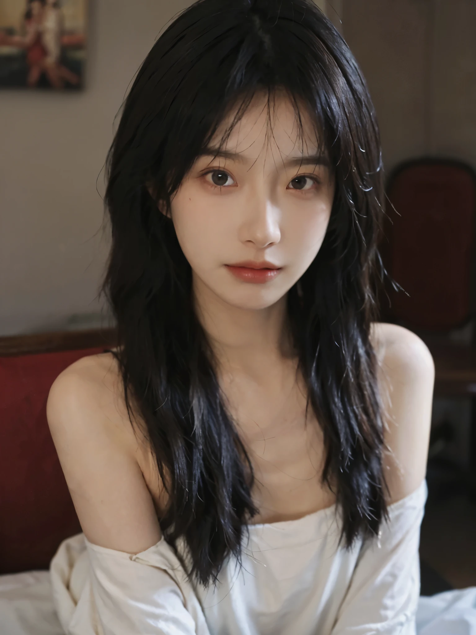 Film portrait photography, 1 girl, bare shoulders,lipstick,(flat chest:1.4), Shoulder length wavy hair, serene, calm, (Realistic and detailed eyes, natural skin texture, Realistic facial details), Soft dramatic lighting, depth of field, Bokeh, Vibrant details, detailed meticulous, hyper-realistic, 35mm film, hazy, ,