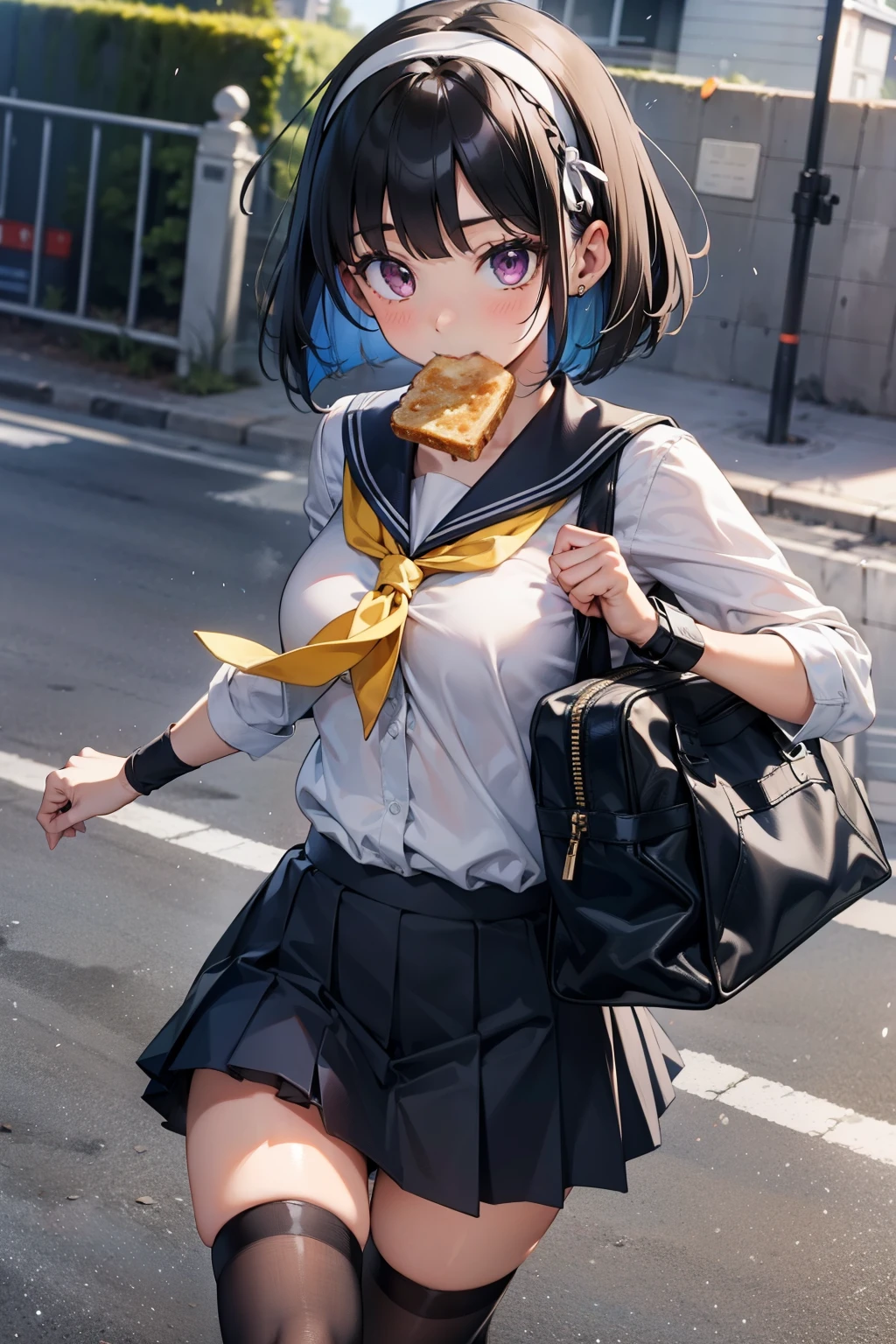 body 8 times longer than head, (Highly detailed CG unity 8k), (highest quality),(very detailed),(ultra high resolution), black hair, High school girl wearing a navy sailor suit, Anime 2D rendering, realistic young anime high school girl, ((White headband)), purple eyes, small breasts, tall, slanted eyes, (school scenery), black stockings, bright color, open your mouth a little, Dark blue skirt, bob cut, position looking down from above, Running Pose, Dash while eating bread、