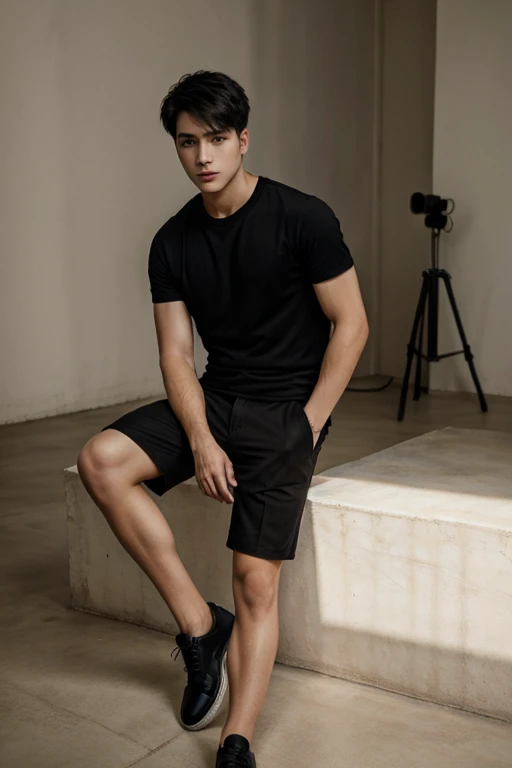 masterpiece, best quality, solo, 1boy, short hair, shirt, realistic, male focus, black hair, black eyes, Full body, Black shoe, lips, studio