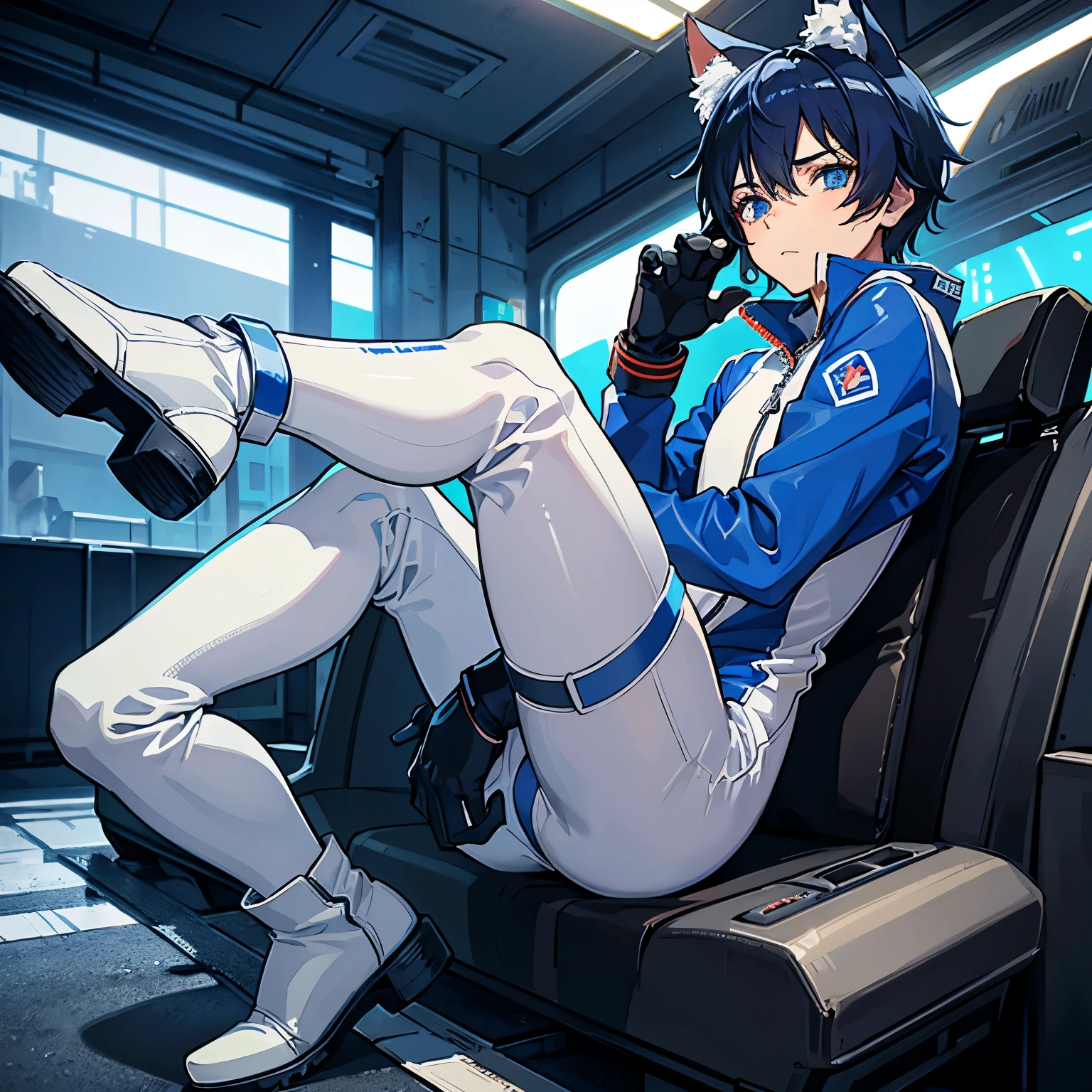 Game CG,8K quality,(( boy)),Feelings of childhood,Anime male protagonist,wolf ears,Beast tail,Pain and despair,,,Locomotive goggles,pure,White and blue racing jumpsuit,The crotch is bigger,White fingerless gloves,Racing boots,full body portrait,Spread your legs,Defeated,damaged clothes,car damage,sit on the floor,is powerless,Fear,sad