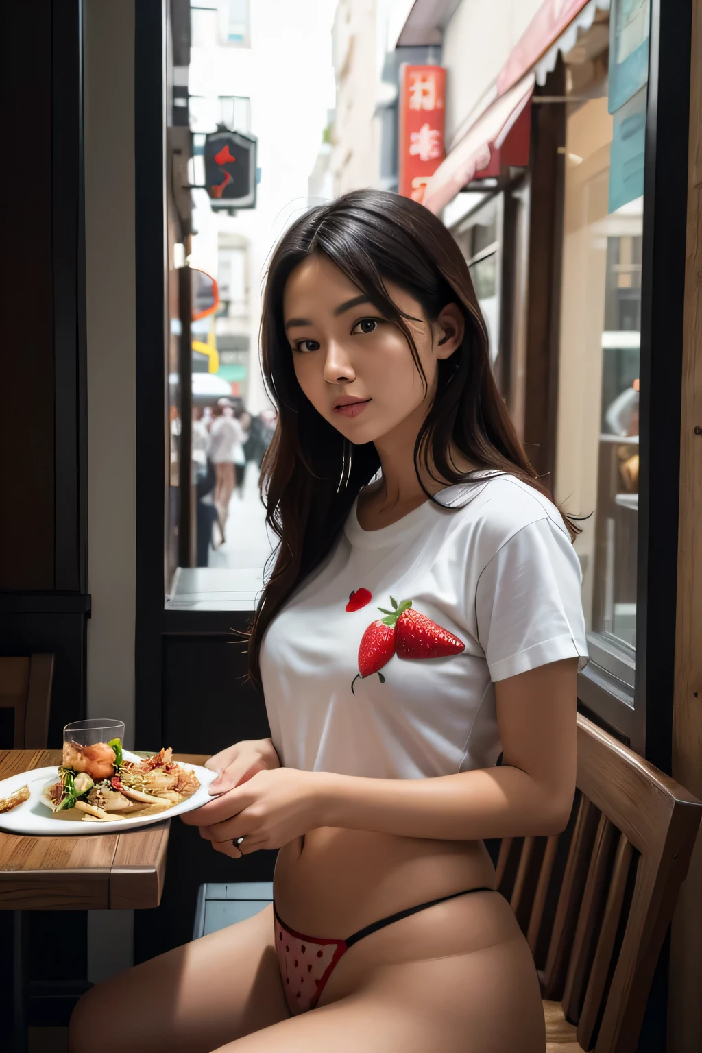 masterpiece, photorealistic, beautiful girl, dining in, eating, restaurant, chinese restaurant, crowded, city streets, highleg, panties, black laced, white t-shirt, strawberry print, black wavy hair detailed, high quality