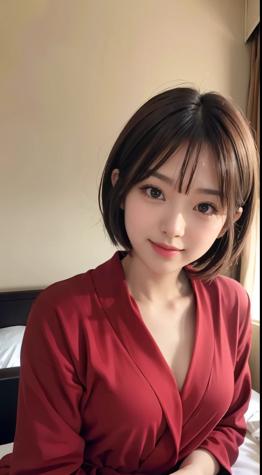Cute 21 years old、Japan、university student、Super Definition Face、eye for detail、double eyelid、Beautiful thin nose、countenance:1.2、beautiful woman:1.4、(light brown hair、short hair、)、fair skin、 first-class、masterpiece、ultra high resolution、(Photorealsitic:1.4)、Highly detailed and professional lighting、smile、hotel bedroom、red bathrobe、B cup、No exposure、