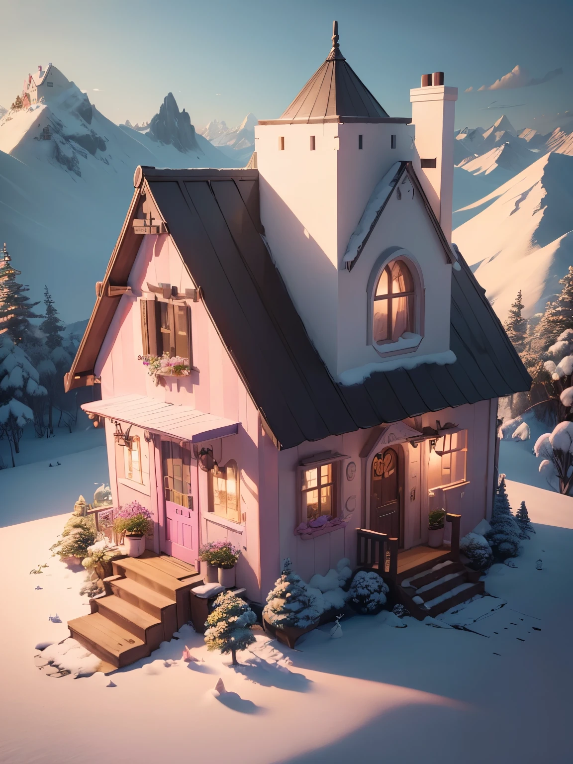 ((masterpiece、RAWE Photo、very detailed CG Unity 8k、best quality、very detailed：1.2))、(Top quality: 1.2)、 Candy House、(best illustrations)、 (best shadow)、Isometric 3D、octane rendering、ray tracing、Super detailed、fantasy、cute house exterior、pop white and pink house、Snowy mountains behind、Cartoon