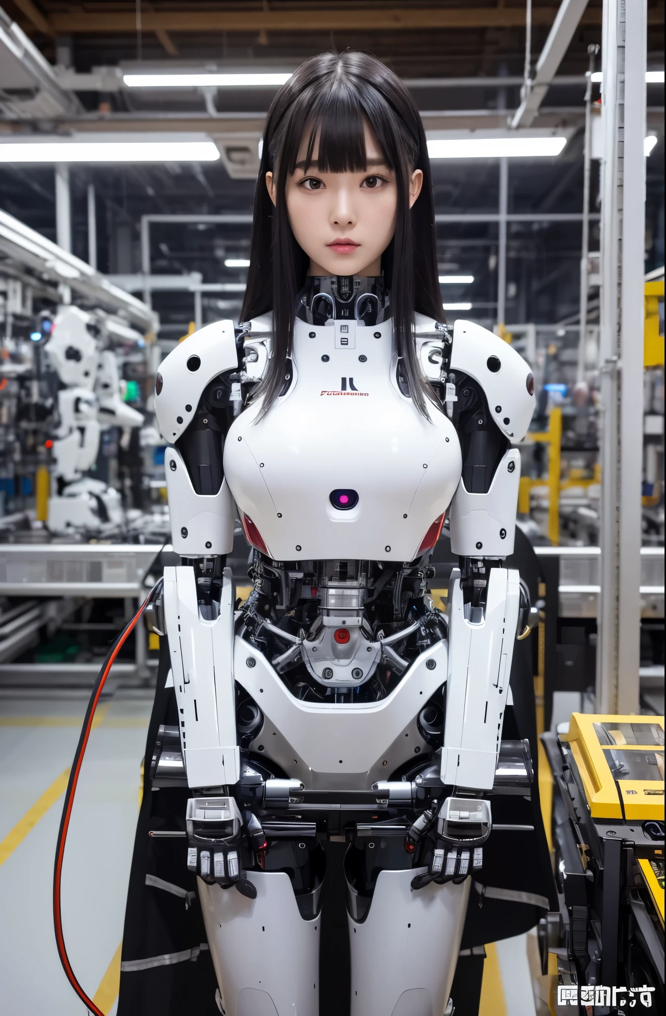 masterpiece, best quality, extremely detailed, Japaese android girl,Plump , control panels,android,Droid,Mechanical Hand, Robot arms and legs, Black hair,Blunt bangs,perfect robot girl,long tube,thick cable connected her neck,android,robot,humanoid,cyborg,japanese cyborg girl ,robot-assembly plant,She is assembling now,assembly scene