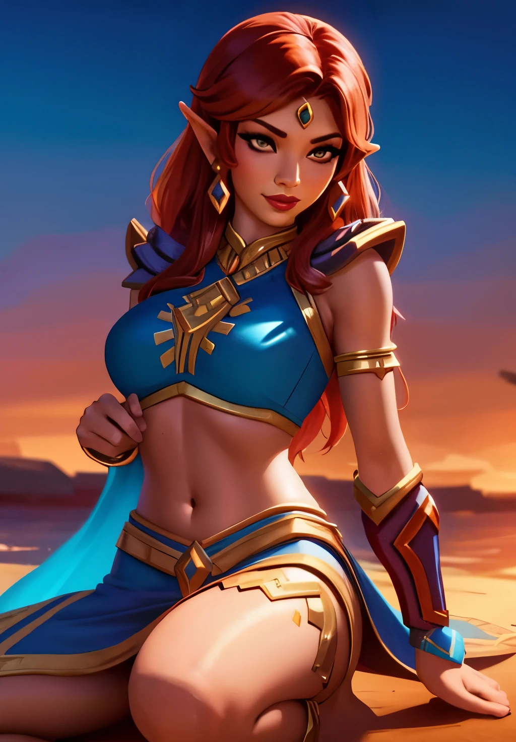 smite_pele, smirk, (gorgeous, beautiful, enchanting:1.3), blue dress, blure lipstick, red hair, urbosa ,  tha legend of Zelda, hot look, kneeling 