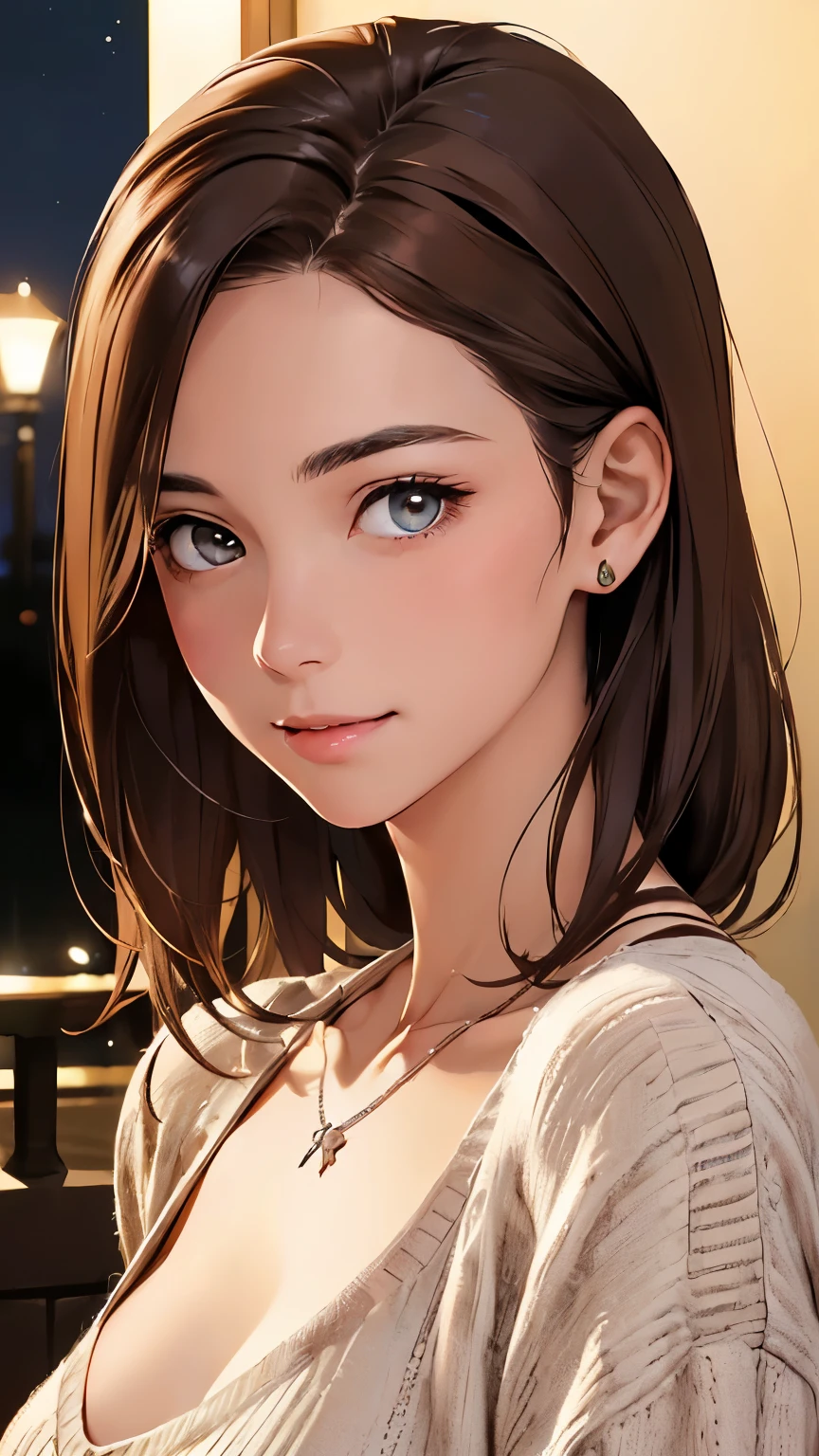 ((night、realistic light、highest quality、8K、masterpiece: 1.3))、1 girl、slim beauty: 1.4、(brown hair、medium breasts: 1.3)、Pink long sweater: 1.1、Bathroom、extra thin face、delicate eyes、 double eyelid、smile、necklace、brown eyes