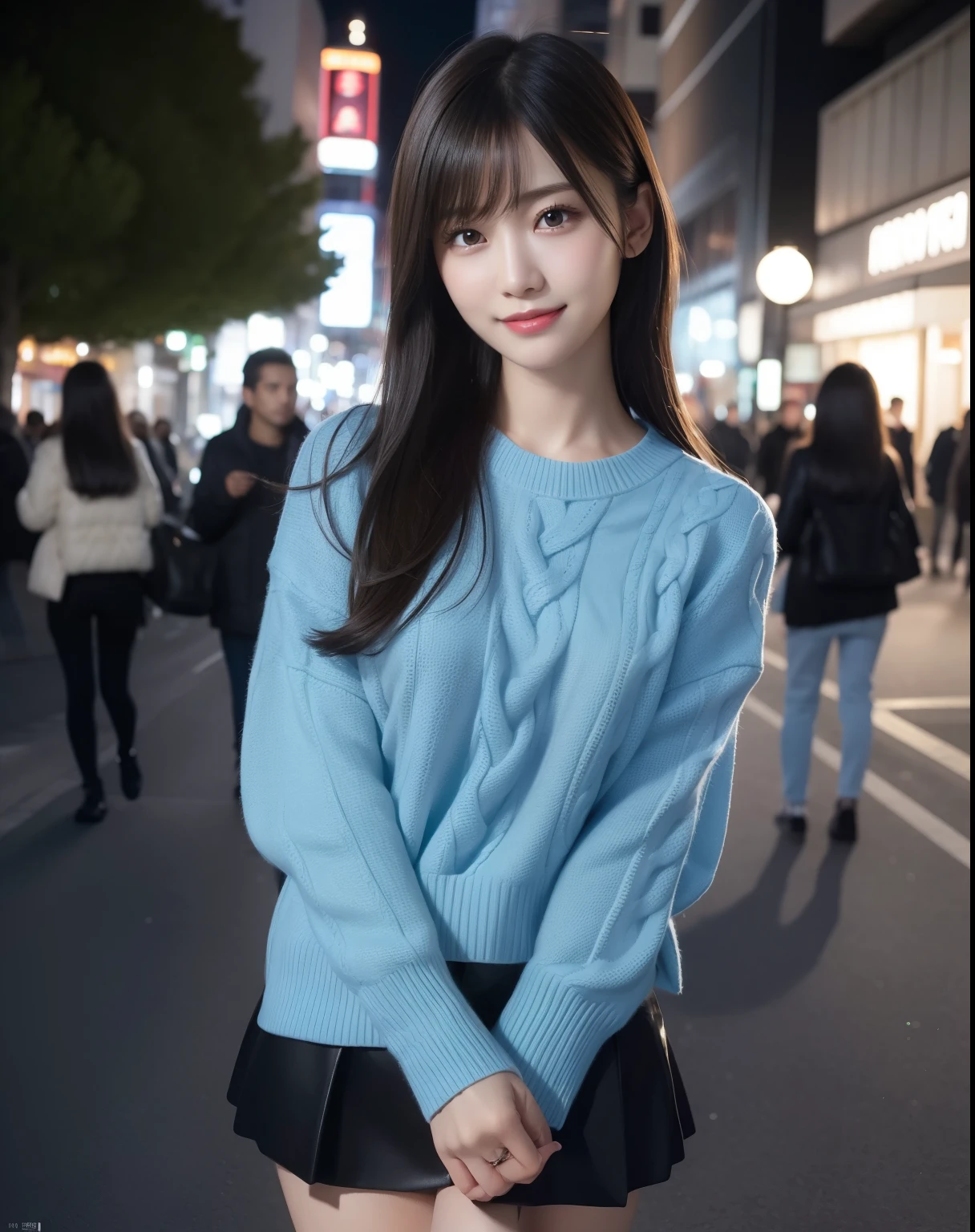 (RAW photo: 1.2), (realistic: 1.4), (highest quality: 1.4), ultra high resolution, (fine eyes), (detailed facial features), (Detailed features of clothing), nffsw, 8K resolution, focus only, bangs, skin tightening, (slender girl), dream-like, Japanese, (Ultra-fine illustration), landscape, no text, medium breasts, straight hair, short hair, black hair, black eyes, one girl, whole body, mini skirt, background is night park, Angel T, light blue tight sweater, cute, sexy, (smile)