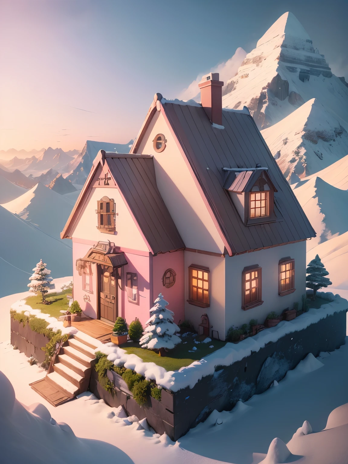 ((masterpiece、RAWE Photo、very detailed CG Unity 8k、best quality、very detailed：1.2))、(Top quality: 1.2)、 Candy House、(best illustrations)、 (best shadow)、Isometric 3D、octane rendering、ray tracing、Super detailed、fantasy、cute house exterior、pop white and pink house、Snowy mountains behind、Cartoon