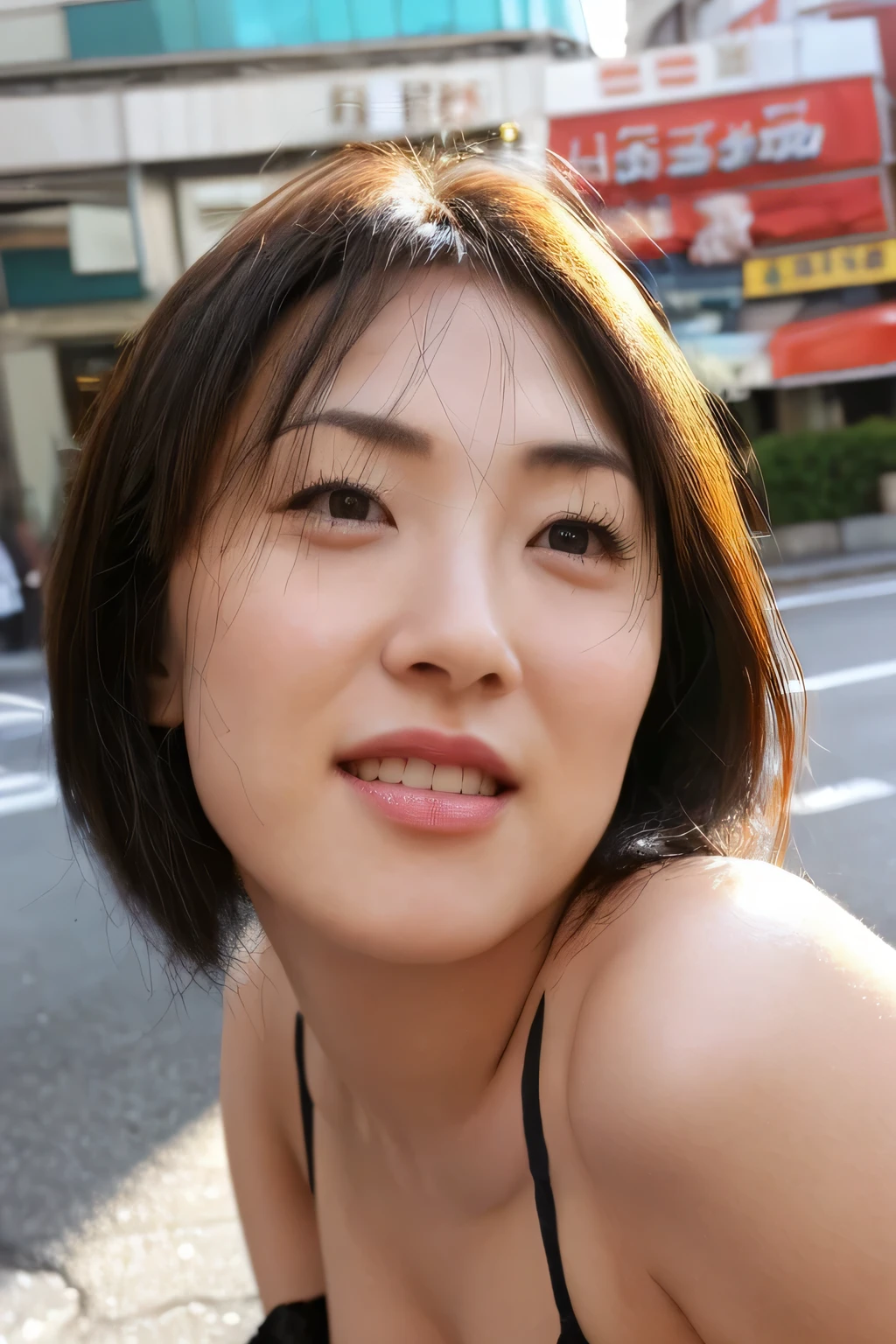Mikako,((highest quality、8K resolution、master masterpiece、portrait:1.3)), Photoreal, 35mm film, 1 Japanese female, Upper body,Beautiful woman, 昼間のon the roadで, wrinkles around the eyes, plump body,long hair、smile、bangs,ponytail,((good_panties :1.3)) , (on the road_Tokyo cityscape: 1.3), jumbled background,look at the audience