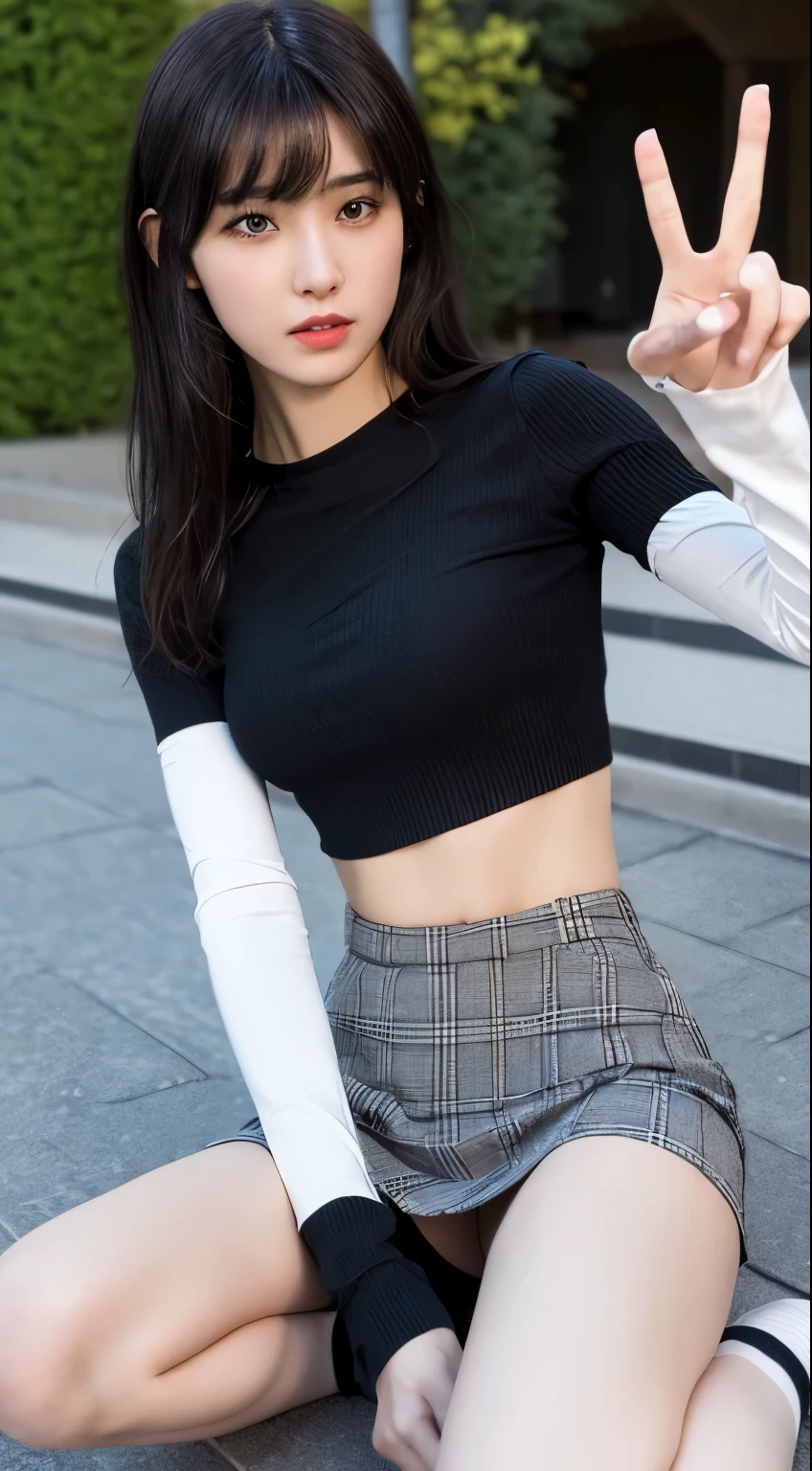 ((realistic lighting, highest quality, 8K, masterpiece: 1.3)), clear focus: 1.2, 1 girl, perfect beauty: 1.4, slim abs: 1.1,Angle of view that captures the whole body, tartan check miniskirt, long legs,black knee high socks,black shoes with straps((Long black hair)),  ((With bangs)), (white crop top: 1.4), (outdoor, night: 1.1), holding a smartphone and pointing it at the camera,in the university courtyard, Doing sports sitting with legs bent,super fine face, fine eyes, double eyelid,
