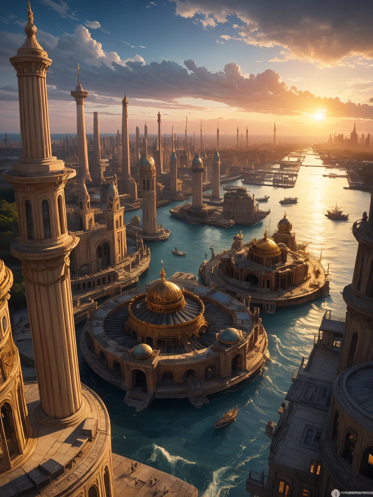 an 'ancient' Steampunk style city at Sunset surrounded by a sea of gorgeous rippling water, concentric circles of water and land, ancient old palaces, and temples made of white stone and gold,  golden light of the sunset. , bronze and gold,  steampunk airships . advanced civilization, serene yet awe-inspiring, set against the ocean's expanse. Steampunk style, city from afar, bronze and gold, intricate detail, magical, unusual, beautiful but weird, steampunk airships, inspiring sunset.