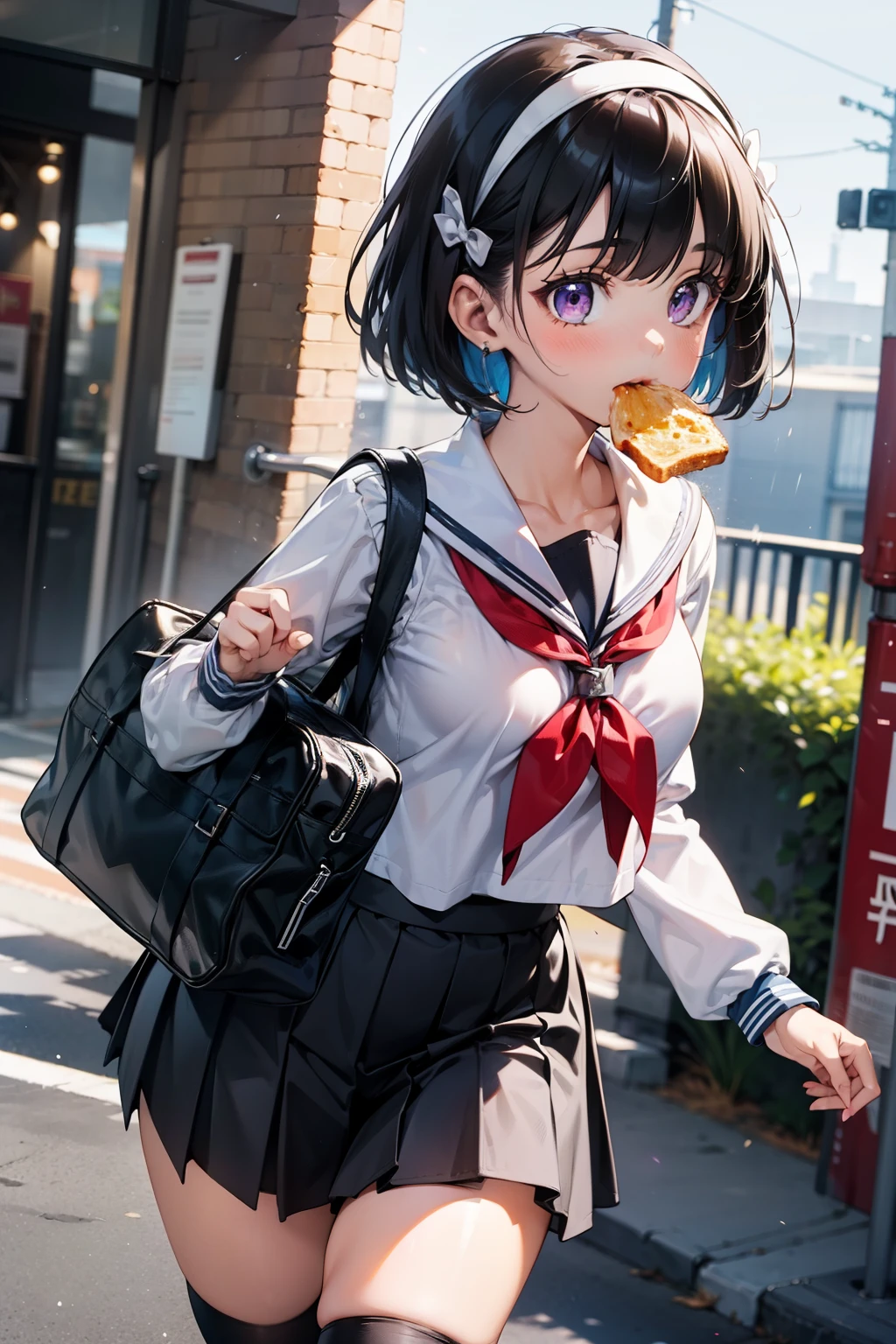 body 8 times longer than head, (Highly detailed CG unity 8k), (highest quality)，(very detailed)，(ultra high resolution), black hair, High school girl wearing a navy sailor suit, Anime 2D rendering, realistic young anime high school girl, ((White headband)), purple eyes, small breasts, tall, slanted eyes, (school scenery), black stockings, bright color, open your mouth a little, Dark blue skirt, bob cut, position looking down from above,  Running Pose, Dash while eating bread、