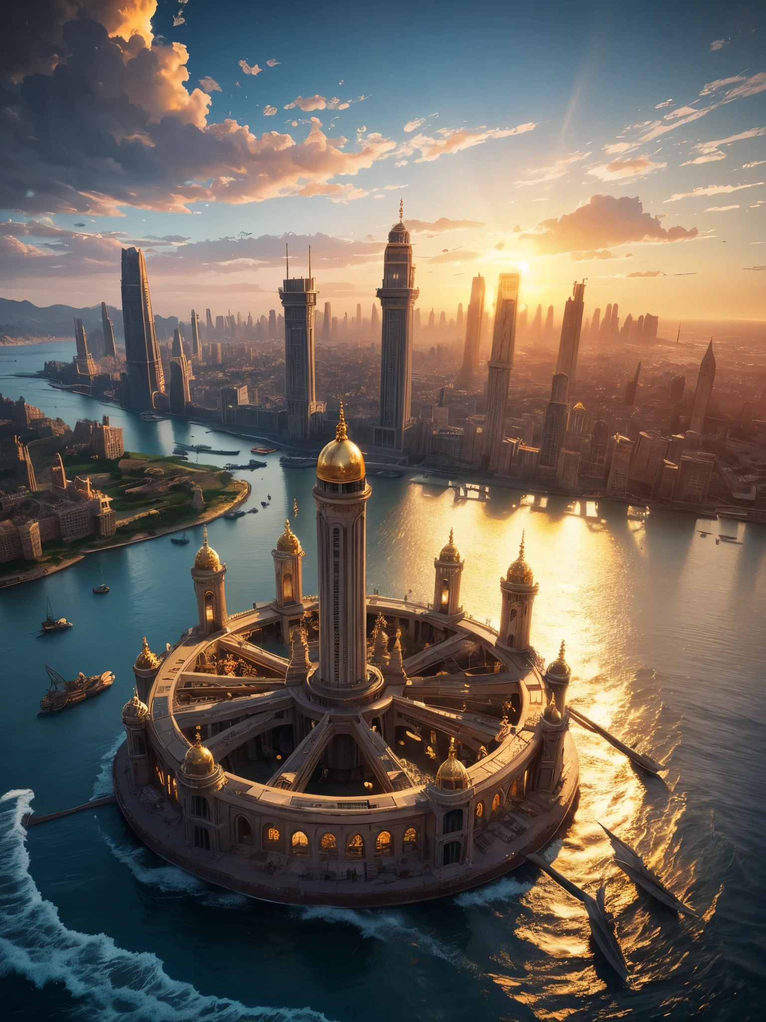 an 'ancient' Steampunk style city at Sunset surrounded by a sea of gorgeous rippling water, concentric circles of water and land, ancient old palaces, and temples made of white stone and gold,  golden light of the sunset. , bronze and gold,  steampunk airships . advanced civilization, serene yet awe-inspiring, set against the ocean's expanse. Steampunk style, city from afar, bronze and gold, intricate detail, magical, unusual, beautiful but weird, steampunk airships, inspiring sunset.