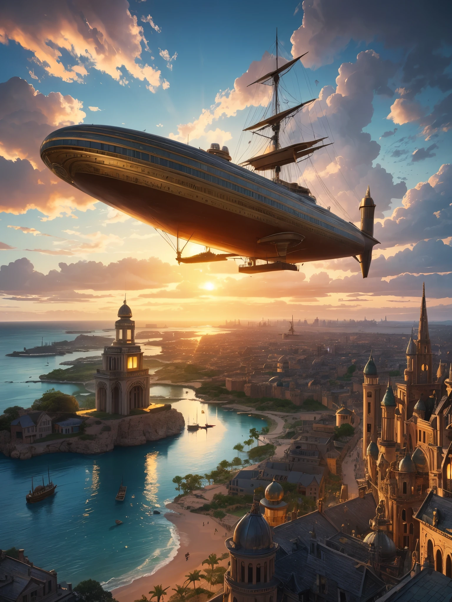 an 'ancient' Steampunk style city at Sunset surrounded by a sea of gorgeous rippling water, concentric circles of water and land, ancient old palaces, and temples made of white stone and gold,  golden light of the sunset. , bronze and gold,  steampunk airships . advanced civilization, serene yet awe-inspiring, set against the ocean's expanse. Steampunk style, city from afar, bronze and gold, intricate detail, magical, unusual, beautiful but weird, steampunk airships, inspiring sunset.