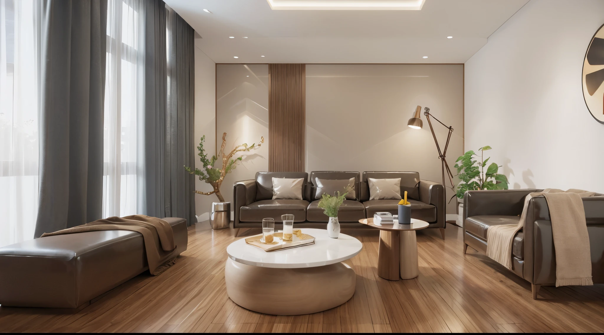 morden Living room design, (((brown sofa))), Super sharp like photos taken with a professional camera, (Masterpiece,best quality,8k uhd,dslr,soft lighting,high quality,hyper detail,film grain,Fujifilm XT3, UE 5 render 8k, super high resolution, supper detail:1.2), color block wall decor, Cream color block wall decor, glossy floor, (((volumetric light)))