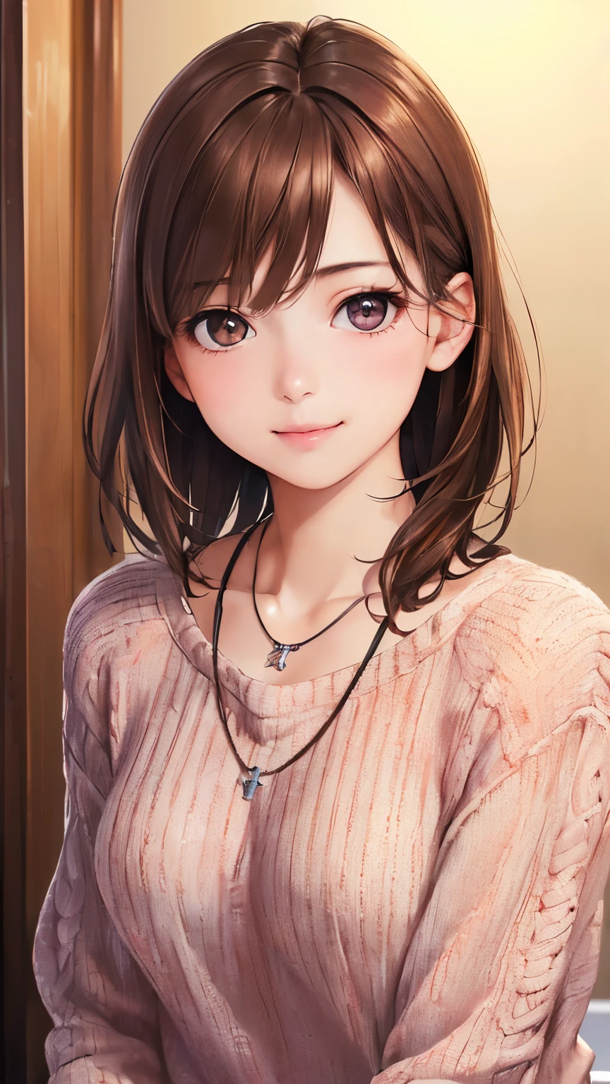 ((night、realistic light、highest quality、8K、masterpiece: 1.3))、1 girl、slim beauty: 1.4、(brown hair、medium breasts: 1.3)、Pink long sweater: 1.1、Bathroom、extra thin face、delicate eyes、 double eyelid、smile、necklace、brown eyes