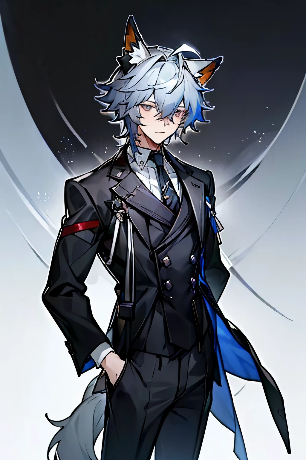 (masterpiece), best quality, expressive eyes, perfect face, (male, masculine, boy, guy, man), (arknights design, arknights operator), (fox ears, wolf ears, fox tail, fox_ears, foxtail), (white hair, short hair, bangs, hair between the eyes, ahoge, navy hair trim, blue hair highlight), (pale skin, slightly fair skin), (silver eyes, grey eyes, gray eyes), (black suit, suit, black tie, white undershirt), lean body, (solo, 1boy, 1guy, 1man), fit, fox guy, fox boy, pendant, family pendant, snowy background