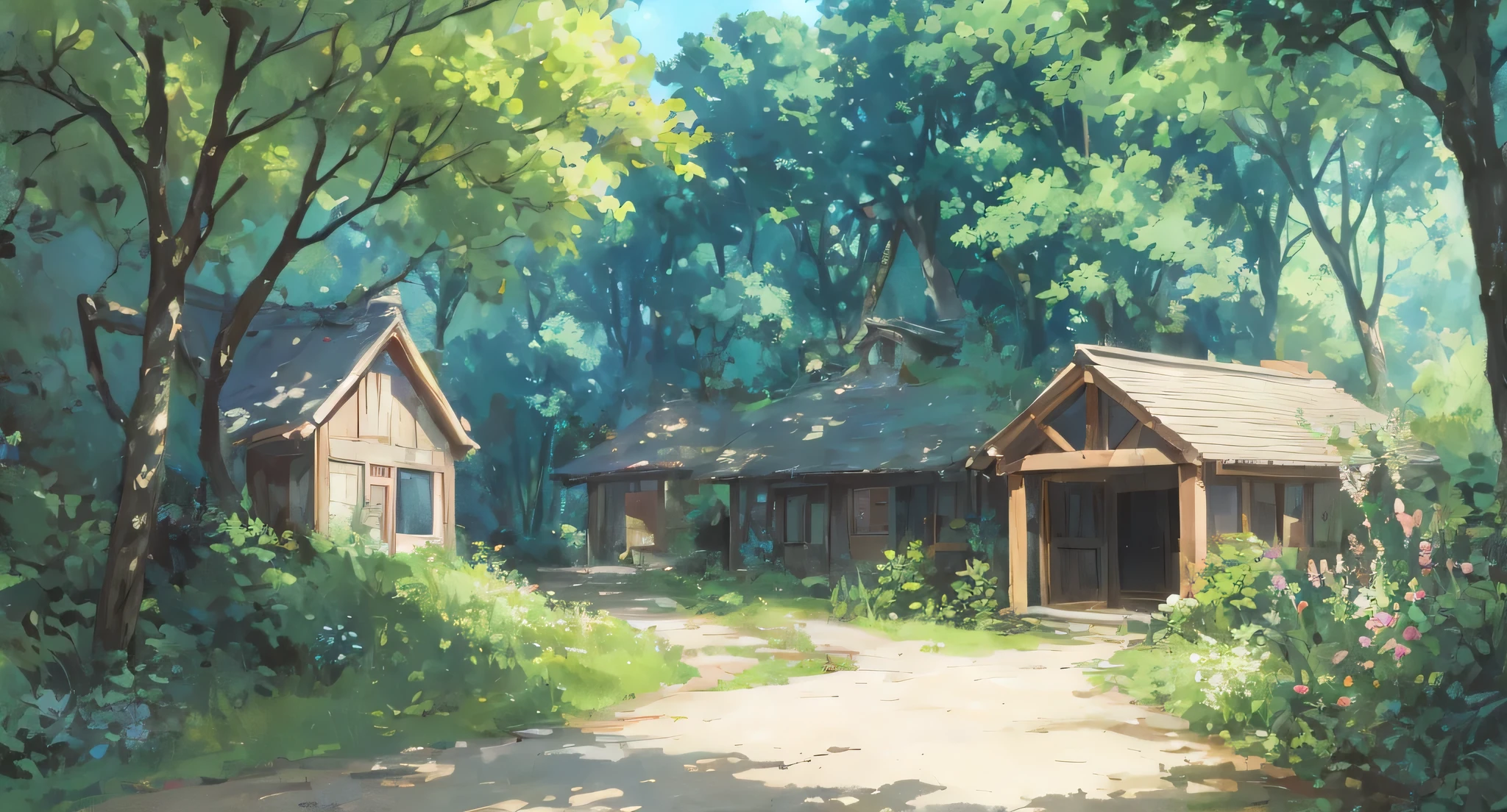 Drawing of a forest path with a house in the background, studio ghibli environment, studio ghibli sunlight, ghibli studio art, studio ghibli landscape, studio ghibli smooth concept art, ghibli art style, studio ghibli art style, anime countryside landscape, Studio Ghibli concept art, by Miyazaki, studio glibly makoto shinkai, studio ghibli painterly style