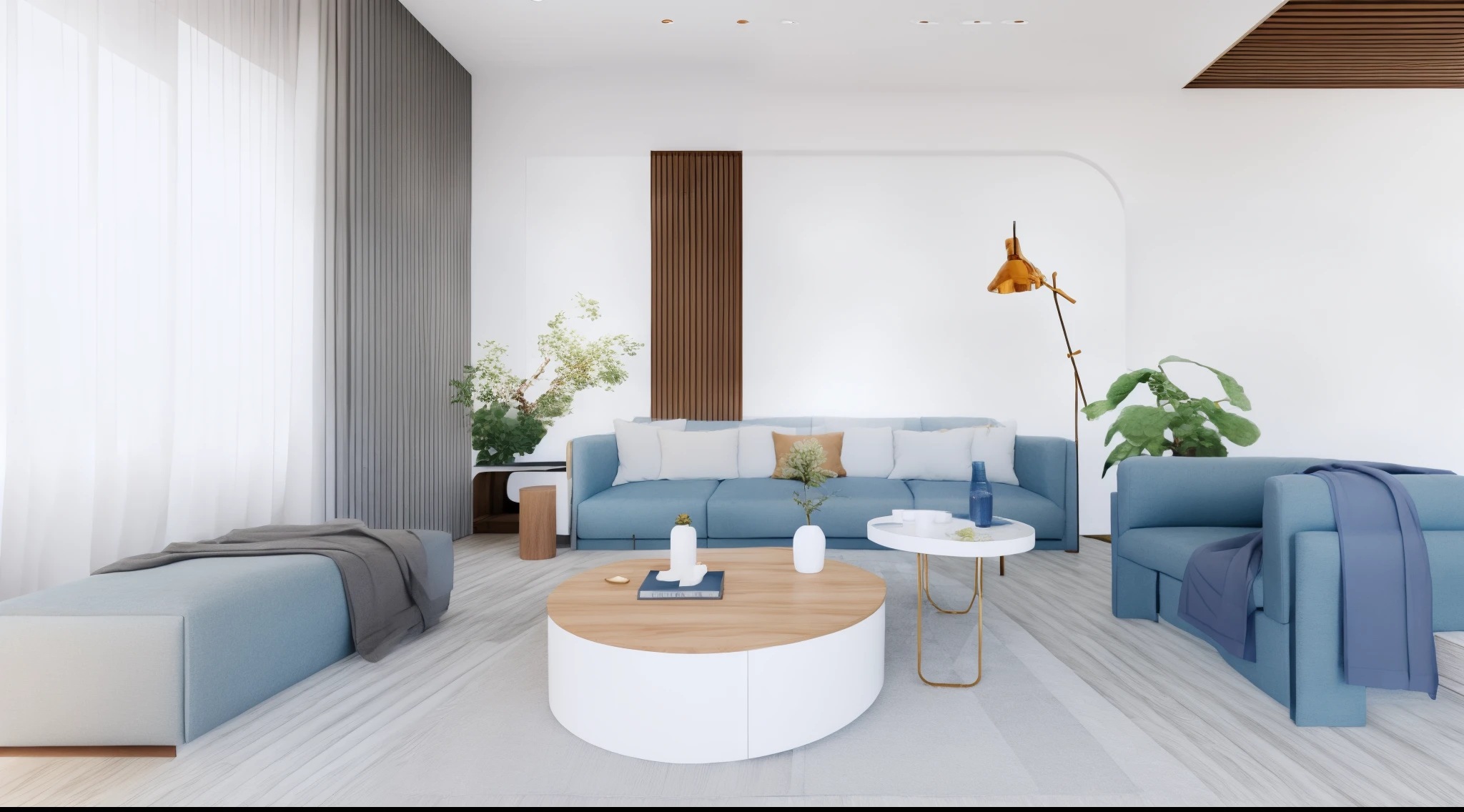 a blue couch with pillows and a table with potted plants, a minimalist painting by Andries Stock, shutterstock contest winner, minimalism, furniture photography, living room wall background, living room background, lounge background, furniture and decor, personal room background, placed in a living room, placed in a large living room, solid background color, soft blue living room, bold complementary colours