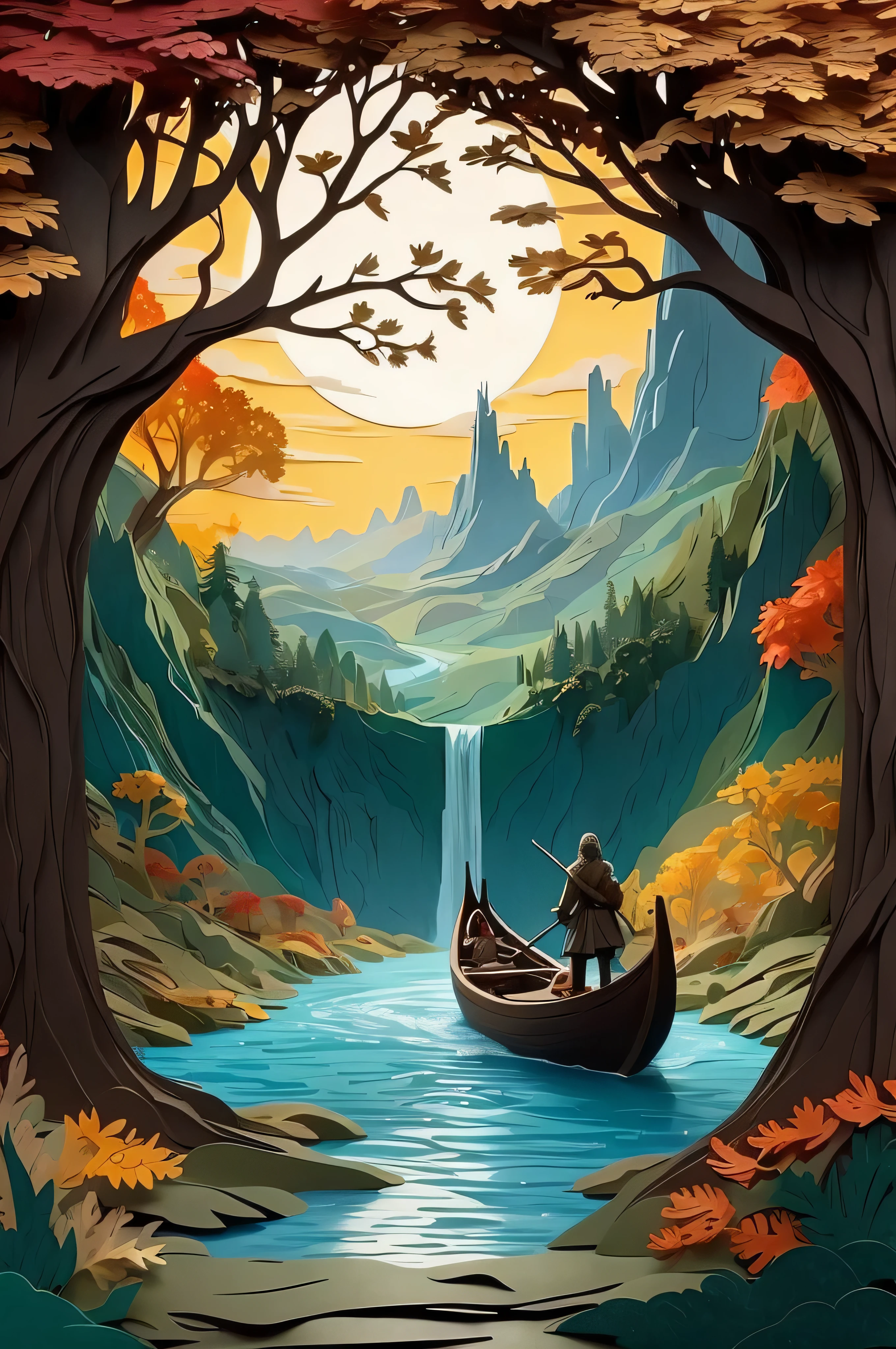 there is a man in a boat in a river surrounded by trees, 4k fantasy art, 8k fantasy art, a beautiful artwork illustration, fantasy rpg book illustration, digital 2d fantasy art, fantasy art landscape, middle earth landscape, fantasy landscape painting, scenery artwork, epic fantasy art style, lord of the ring art, detailed digital 2d fantasy art