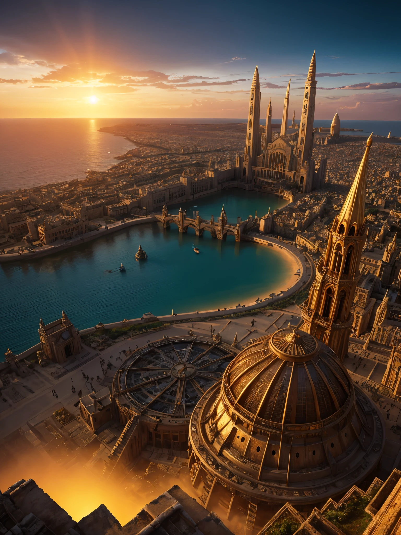 an 'ancient' Steampunk style city at Sunset surrounded by a sea of gorgeous rippling water, concentric circles of water and land, ancient old palaces, and temples made of white stone and gold,  golden light of the sunset. , bronze and gold,  steampunk airships . advanced civilization, serene yet awe-inspiring, set against the ocean's expanse. Steampunk style, city from afar, bronze and gold, intricate detail, magical, unusual, beautiful but weird, steampunk airships, inspiring sunset.