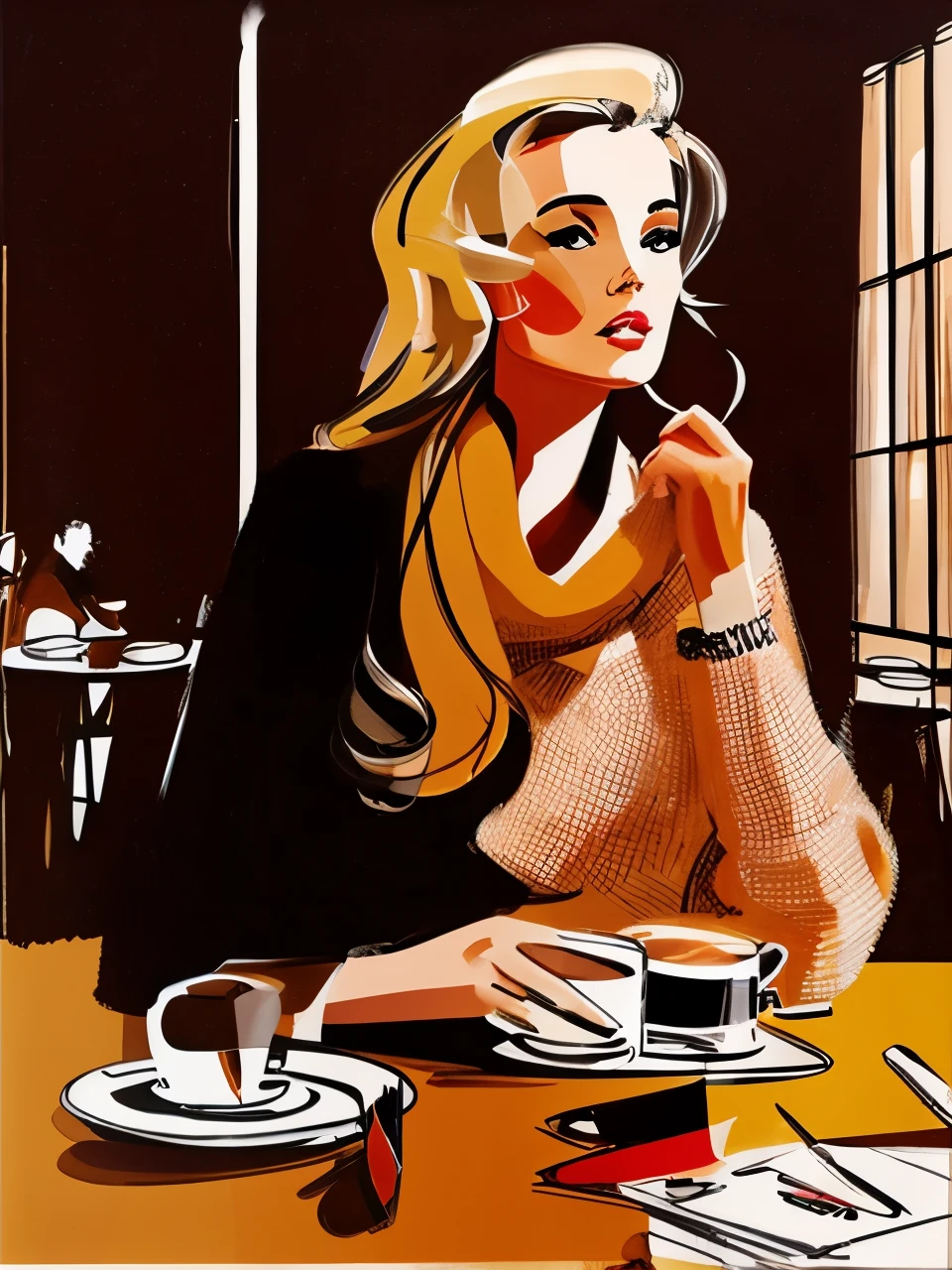David Downton fashion illustration, Blonde woman, sweater, cafe, burger