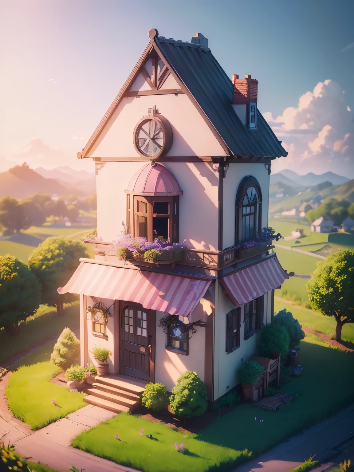 ((masterpiece、RAWE Photo、very detailed CG Unity 8k、best quality、very detailed：1.2))、(Top quality: 1.2)、 Candy House、(best illustrations)、 (best shadow)、Isometric 3D、octane rendering、ray tracing、Super detailed、fantasy、cute house exterior、pop white and pink house、Behind is a field、Cartoon、Blue sky