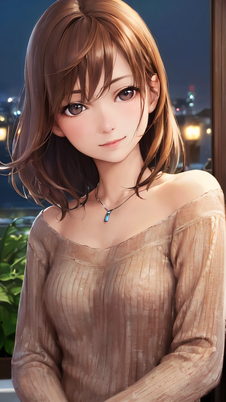 ((night、realistic light、highest quality、8K、masterpiece: 1.3))、1 girl、slim beauty: 1.4、(brown hair、medium breasts: 1.3)、Pink long sweater: 1.1、Bathroom、extra thin face、delicate eyes、 double eyelid、smile、necklace、brown eyes