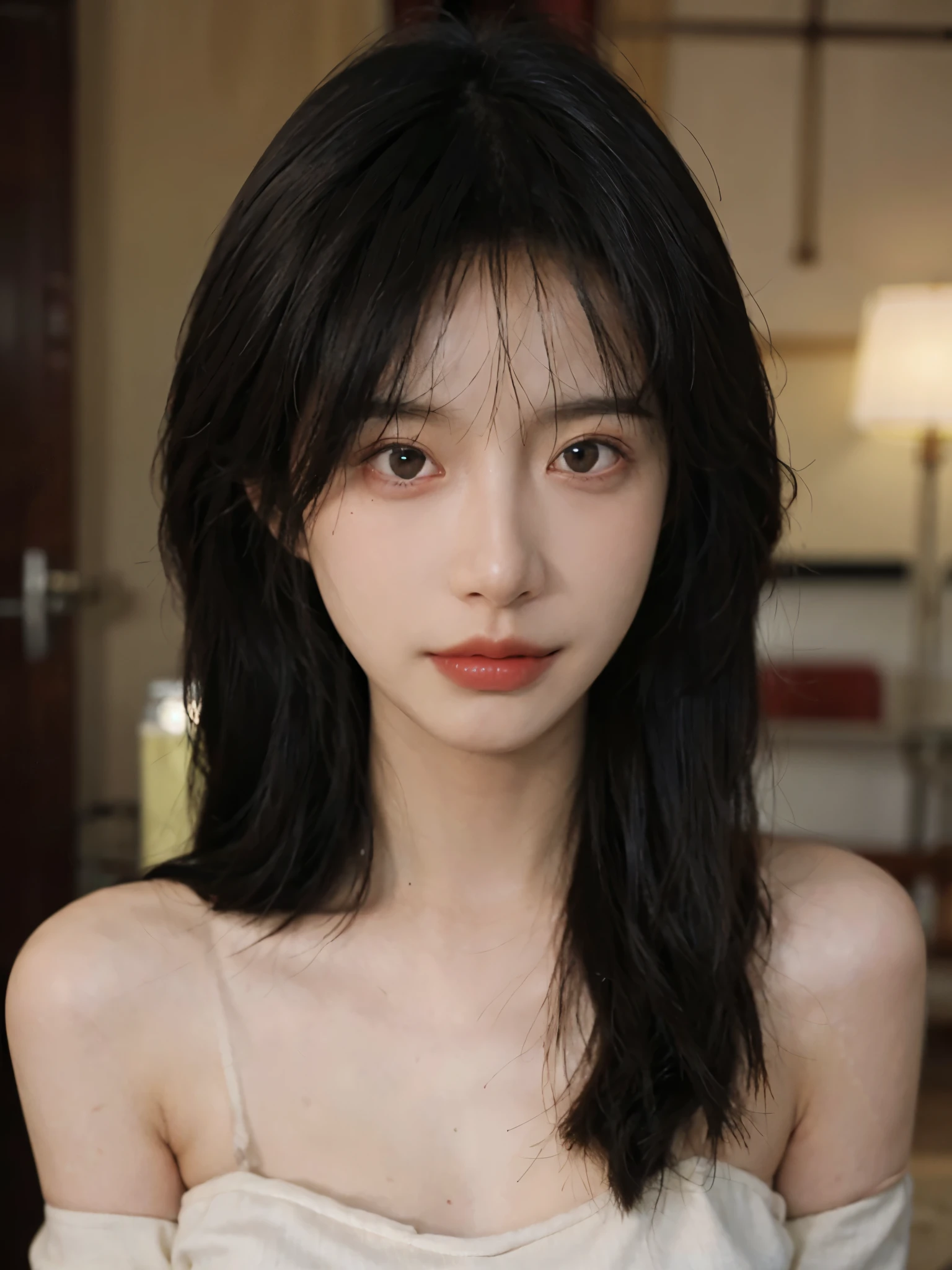 Film portrait photography, 1 girl, bare shoulders,lipstick，（flat chest：1.4）， Shoulder length wavy hair, serene, calm, (Realistic and detailed eyes, natural skin texture, Realistic facial details), Soft dramatic lighting, depth of field, Bokeh, Vibrant details, detailed meticulous, hyper-realistic, 35mm film, hazy, ,