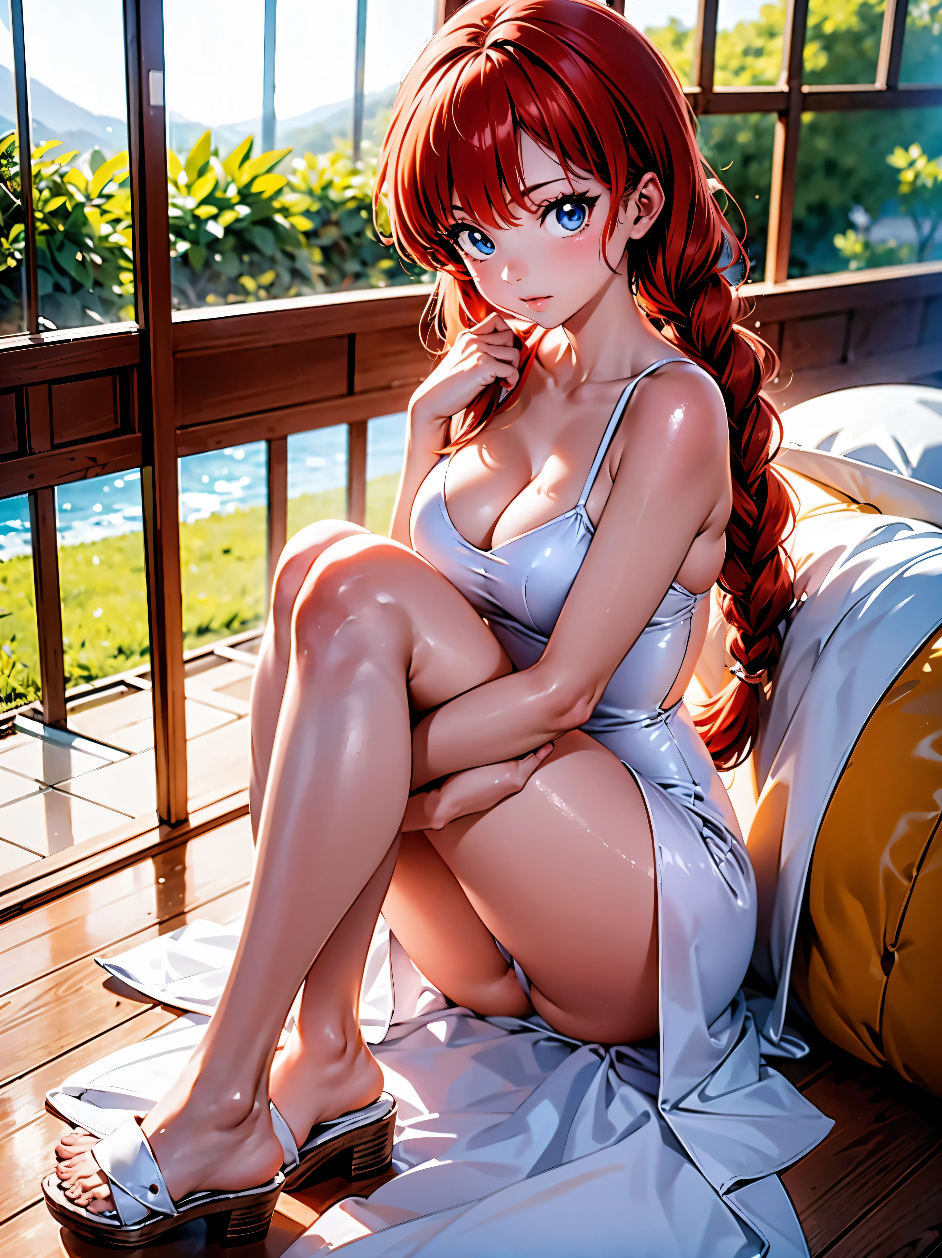 Garota anime ruiva com vestido de casamento branco, , corpo bonito, seios grandes, with your hands behind your head, running your hands through your hair, garota sexy, red hair with braid, gorgeous lighting, sombras suaves, olhos azuis, pernas bonitas, hair with braid, estilo anime, Ranma Chan, Autora Rumiko Takahashi, Baseado em obra de Rumiko Takahashi, Anime Ranma 1/ 2, decote sexy, quadril robusto, corpo inteiro, corpo completo, busto grande, garota jovem com corpo belo e bonito, sandals on the feet, garota 16 anosbaixa estatura, vestido casamento branco lindo, garota anime, estilo anime