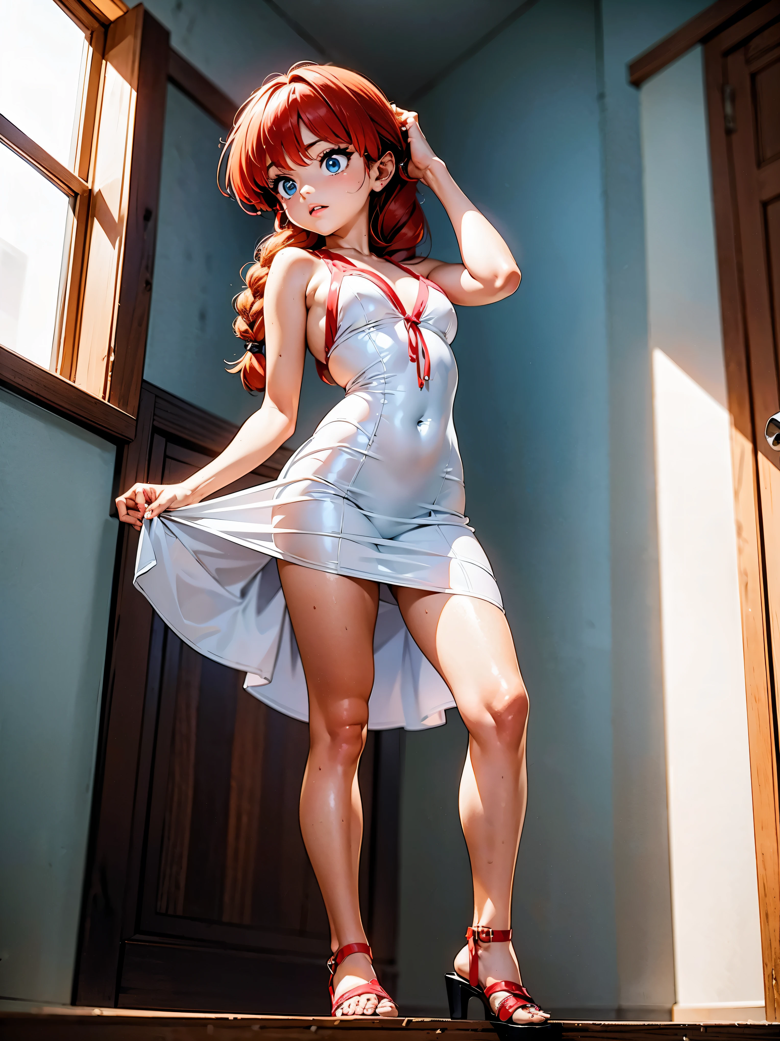 Garota anime ruiva com vestido de casamento branco, , corpo bonito, seios grandes, with your hands behind your head, running your hands through your hair, garota sexy, red hair with braid, gorgeous lighting, sombras suaves, olhos azuis, pernas bonitas, hair with braid, estilo anime, Ranma Chan, Autora Rumiko Takahashi, Baseado em obra de Rumiko Takahashi, Anime Ranma 1/ 2, decote sexy, quadril robusto, corpo inteiro, corpo completo, busto grande, garota jovem com corpo belo e bonito, sandals on the feet, garota 16 anosbaixa estatura, vestido casamento branco lindo, garota anime, estilo anime
