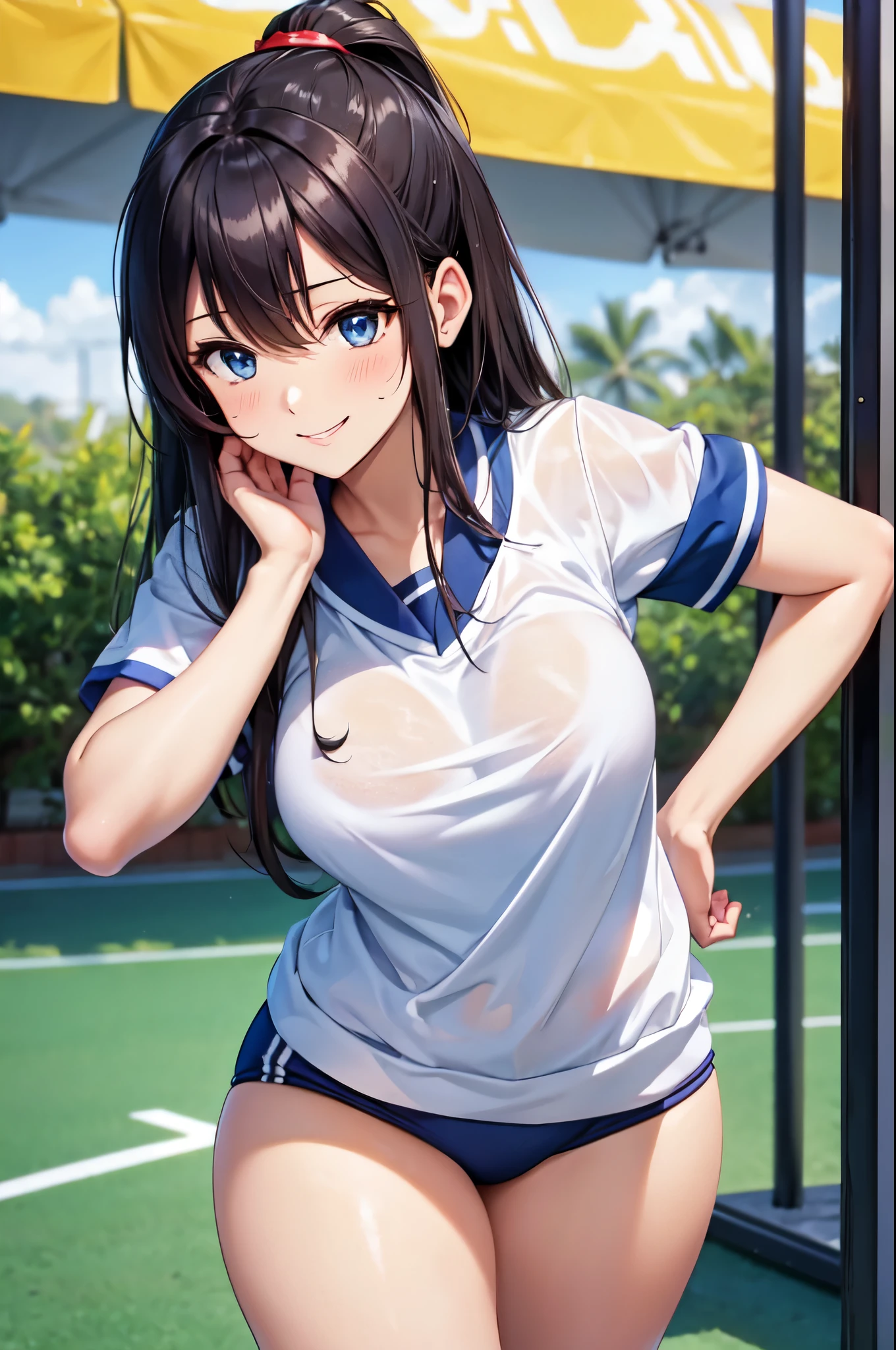 (High quality, High resolution, Fine details), playground, BREAK (brm), (Dark blue buruma), BREAK (hachimaki), BREAK (white gym uniform), BREAK solo, curvy women, black hair, sparkling eyes, (Detailed eyes:1.2), smile, blush, Sweat, Oily skin, Waist Shot, shallow depth of field
