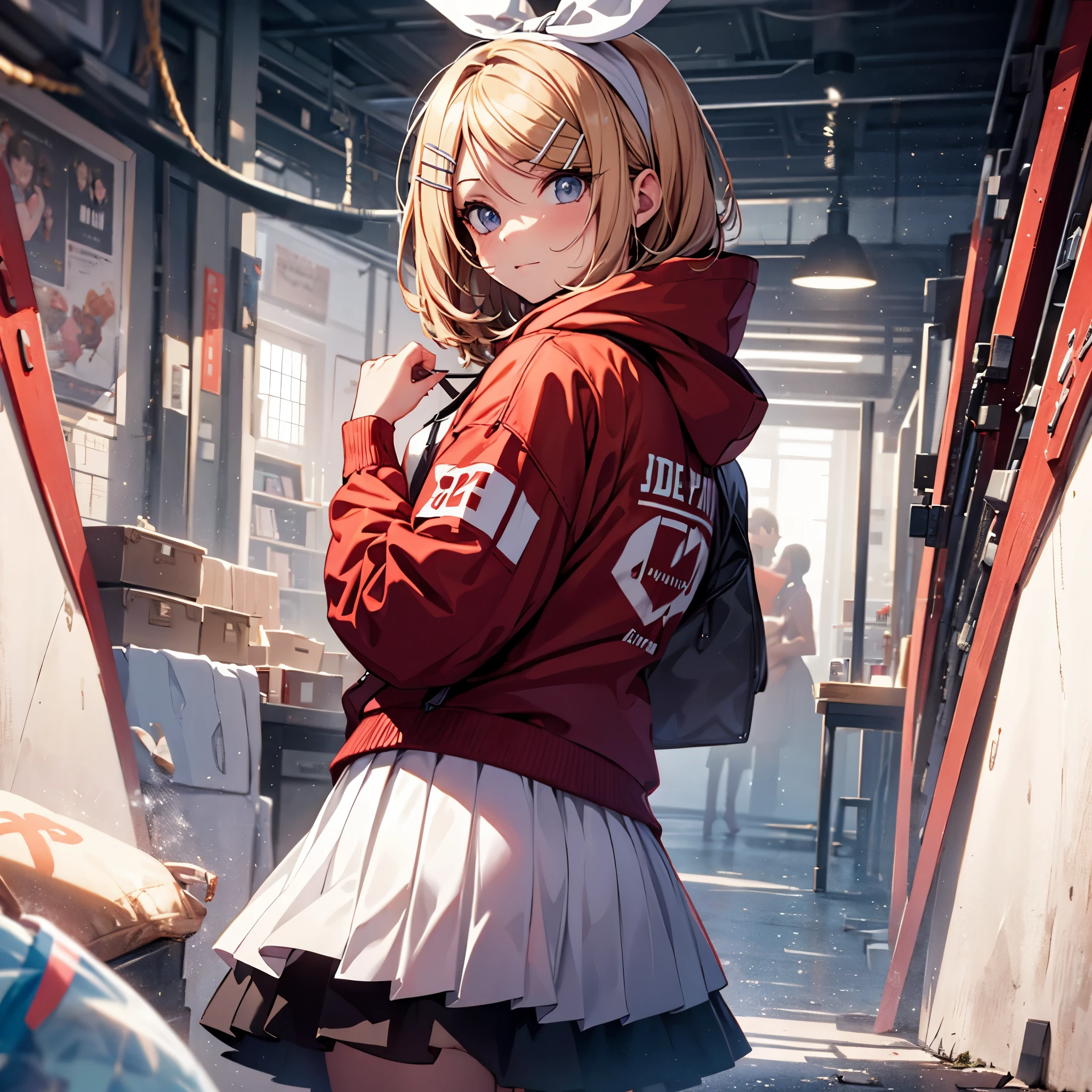 Kagamine rin , 1 girl , wearing a red hooded sweater , white miniskirt with gold horizontal lines , viendo al espectador , bragas visibles , rostro seductor 