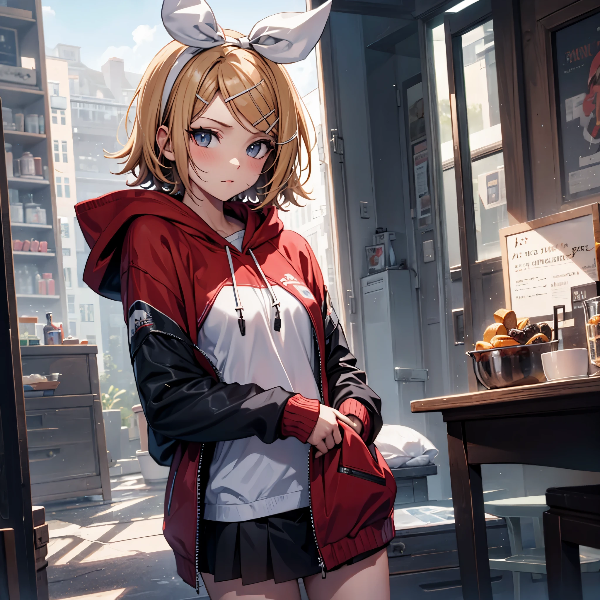 Kagamine rin , 1 girl , wearing a red hooded sweater , white miniskirt with gold horizontal lines , viendo al espectador , bragas visibles , rostro seductor 