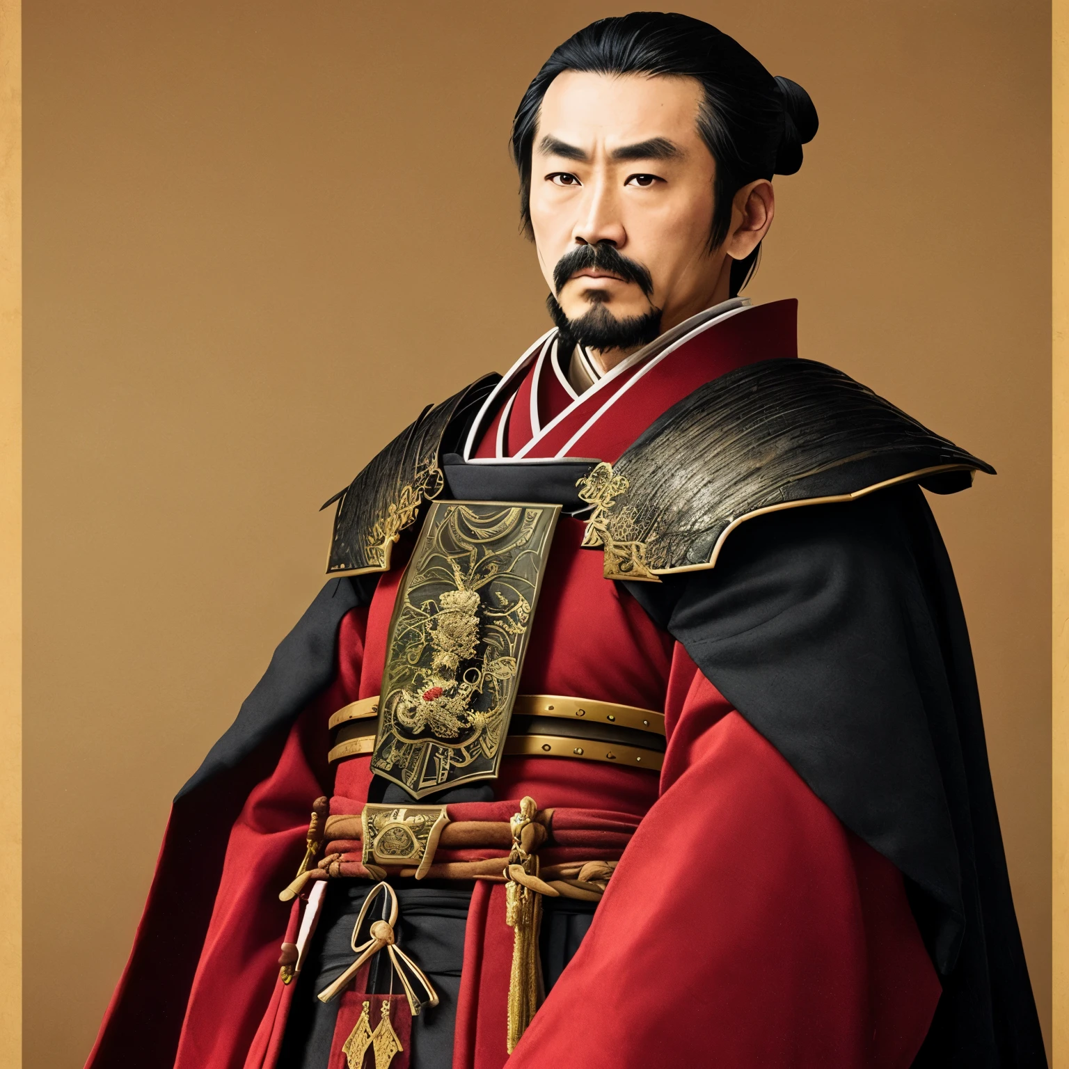 1 male、male、japanese samurai、Oda Nobunaga、medieval armor、velvet cloak、masterpiece、in detail