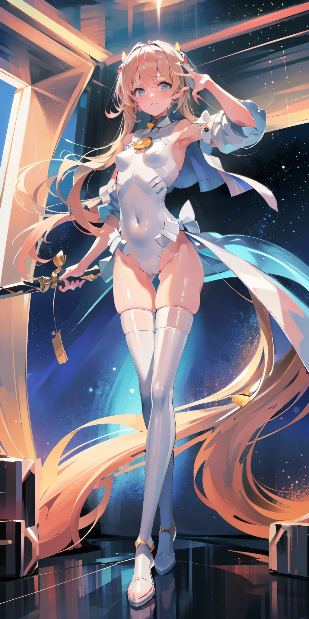 (masterpiece, best quality: 1.3), (16k, high resolution: 1.3), Beautiful teenage girl, White mechanical body, clear skin, Dream, Surreal background, floating, universe, Godly, myth, heavenly, small breasts,open navel,Bare thighs,camel toe,Full body female love, staring at the audience,