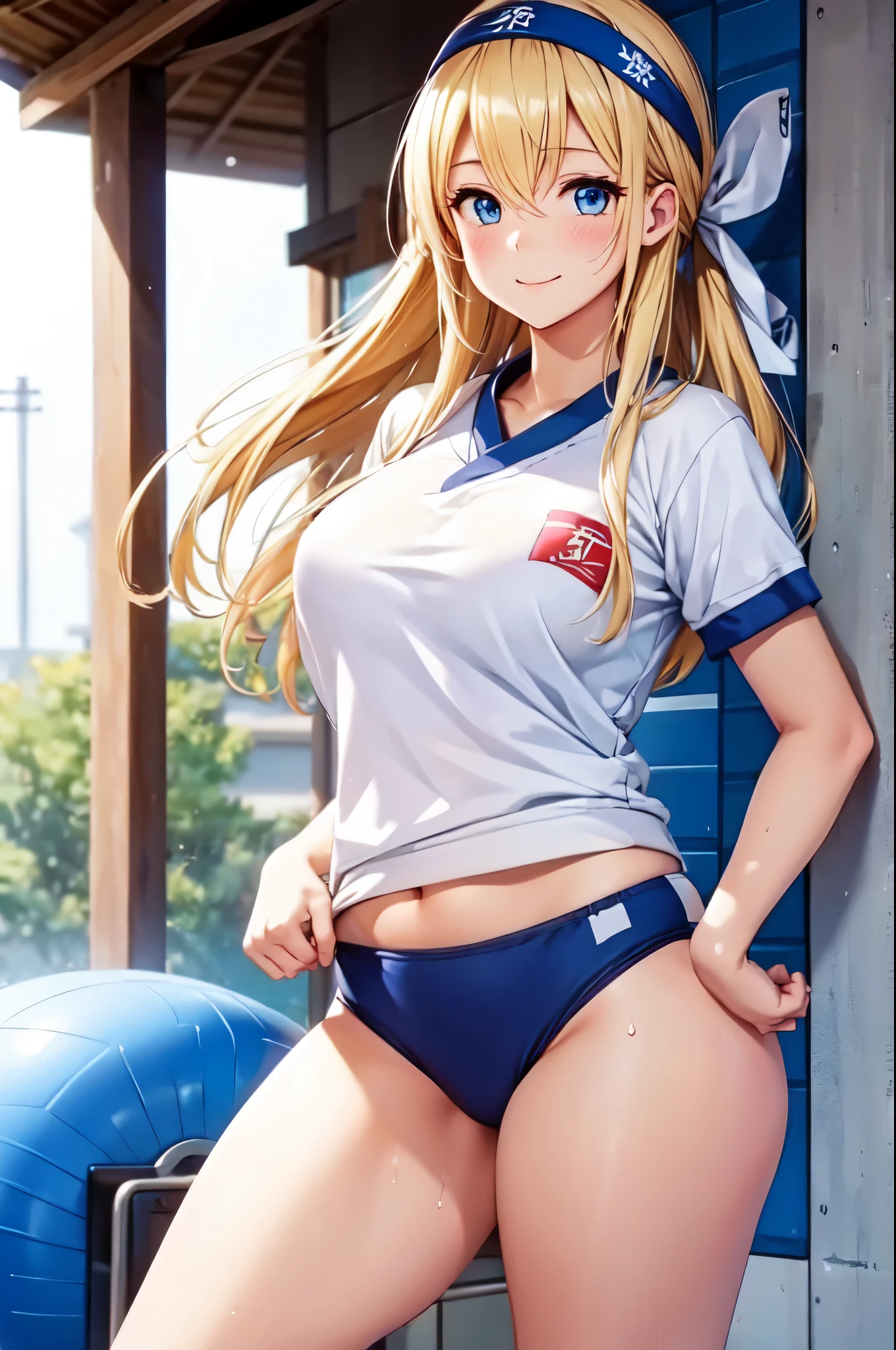 (High quality, High resolution, Fine details), playground, BREAK (brm), (Dark blue buruma), BREAK (hachimaki), BREAK (white gym uniform), BREAK solo, curvy women, blond hair, sparkling eyes, (Detailed eyes:1.2), smile, blush, Sweat, Oily skin, Waist Shot, shallow depth of field
