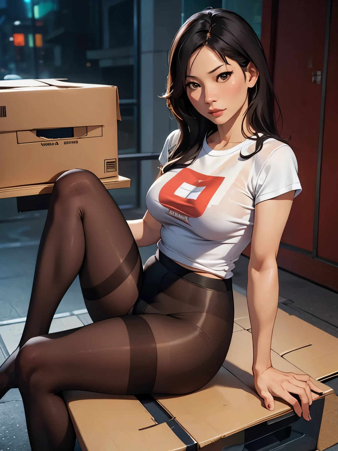 Lucy Liu, tight t-shirt, wet pantyhose, sitting on a box