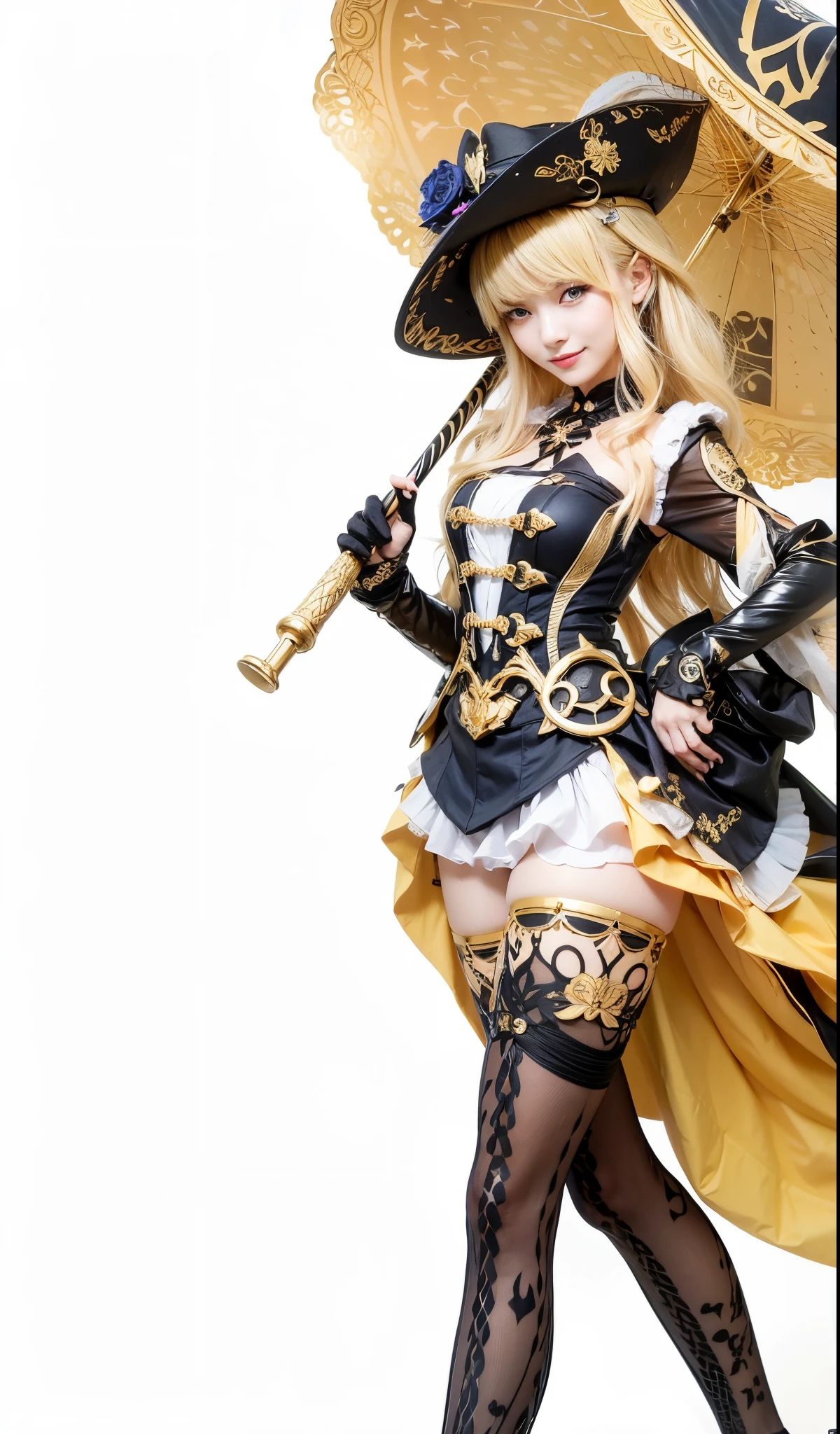 Navia, genshin impact, sumeru, female, blonde hair with black hat, busty, golden umbrella, friendly smile 