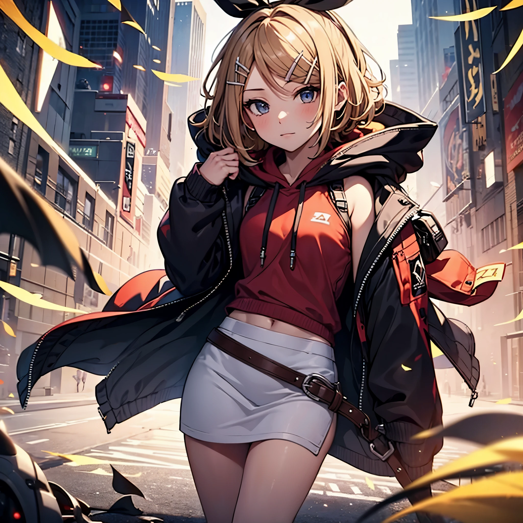 Kagamine rin , 1 girl , wearing a red hooded sweater , white miniskirt with gold horizontal lines , viendo al espectador , bragas visibles , rostro seductor 